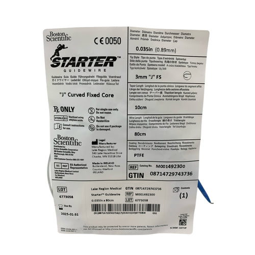 BOSTON SCIENTIFIC REF M001492300 Starter Guidewire "J" Curved Fixed Core 0.035in x 80cm, Exp.2025/01