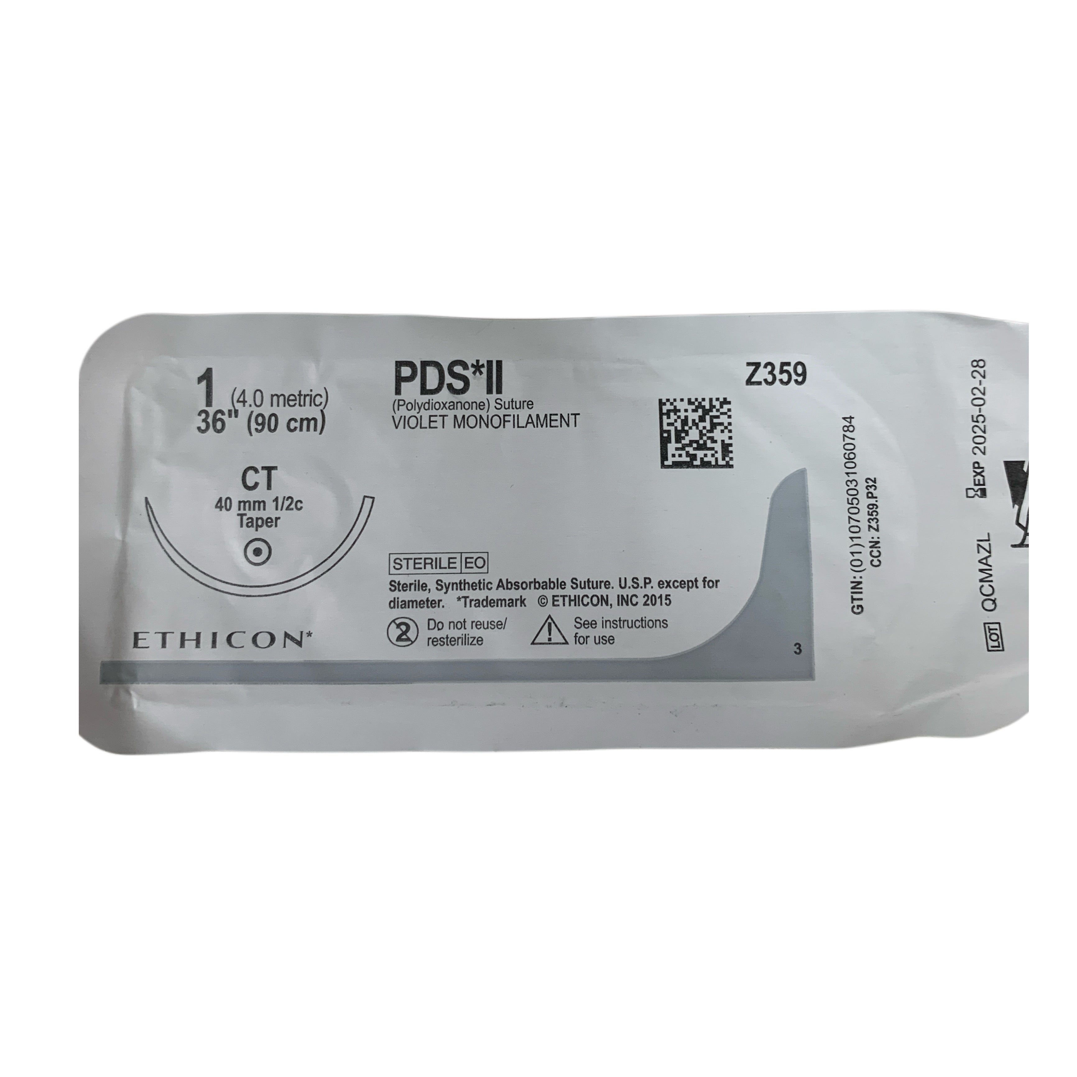 ETHICON REF Z359T PDS II Polydioxanone Violet Monofilament Absorbable Suture Size 1 36" 90cm CT Needle, Exp.2025/02