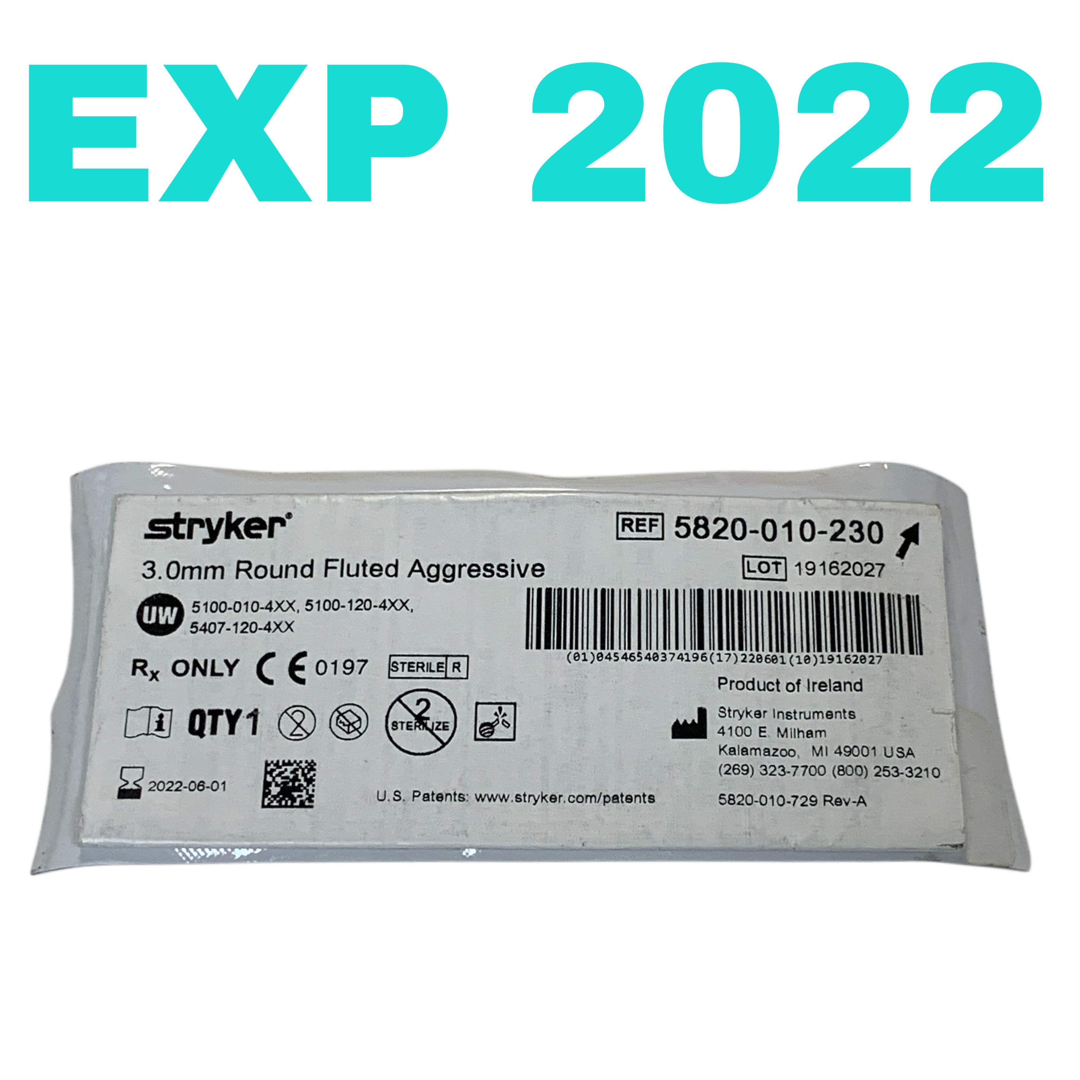 STRYKER REF 5820-010-230 3.0mm Round Fluted Aggressive, EXP.2022-06
