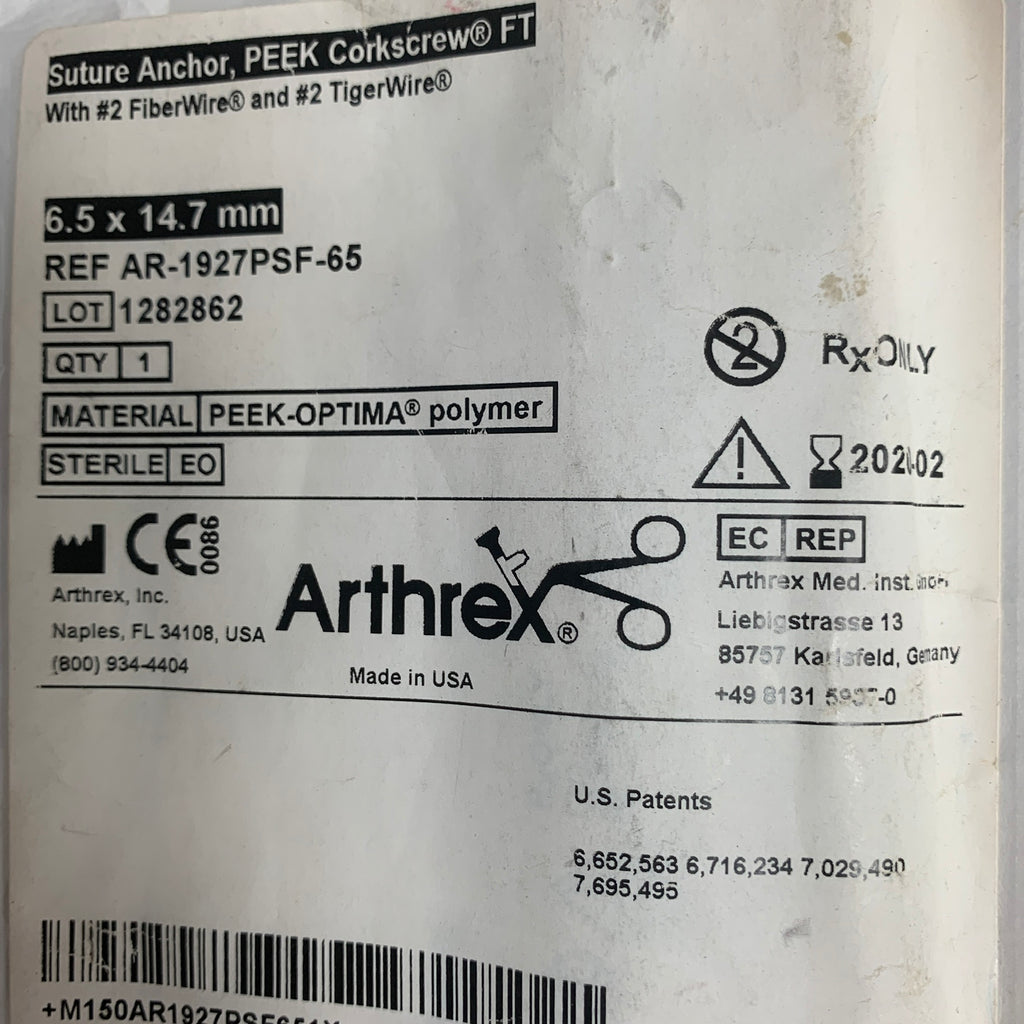ARTHREX AR-1927PSF-65 PEEK Corkscrew FT Suture Anchor 6.5x14.7mm FiberWire, EXP 2020-02