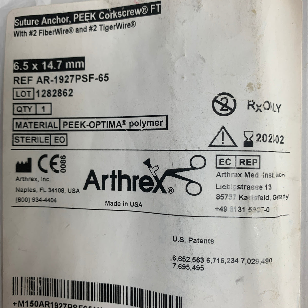 ARTHREX AR-1927PSF-65 PEEK Corkscrew FT Suture Anchor 6.5x14.7mm FiberWire, EXP 2020-02