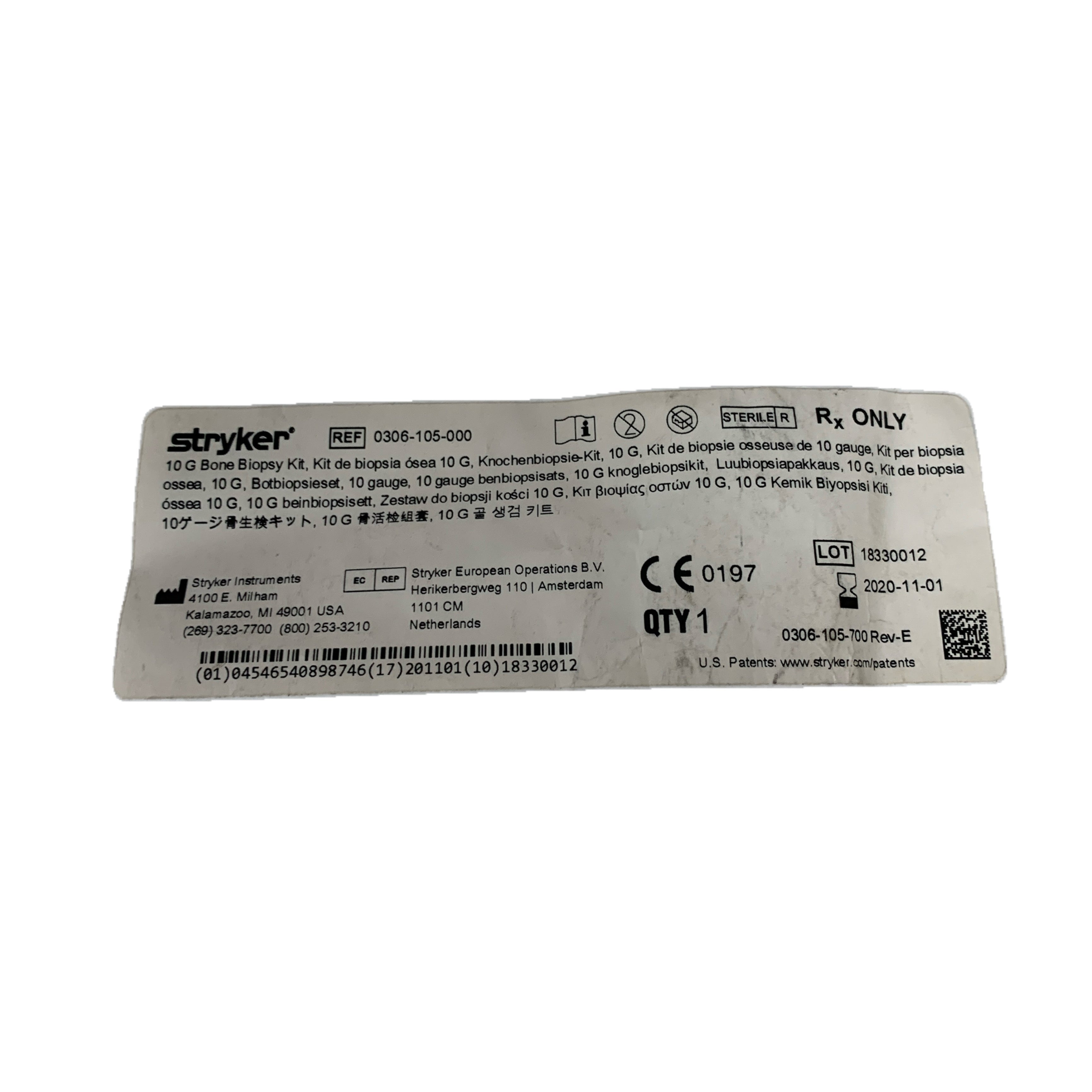 STRYKER REF 0306-105-000 10 G Bone Biopsy Kit, Exp.2020/11