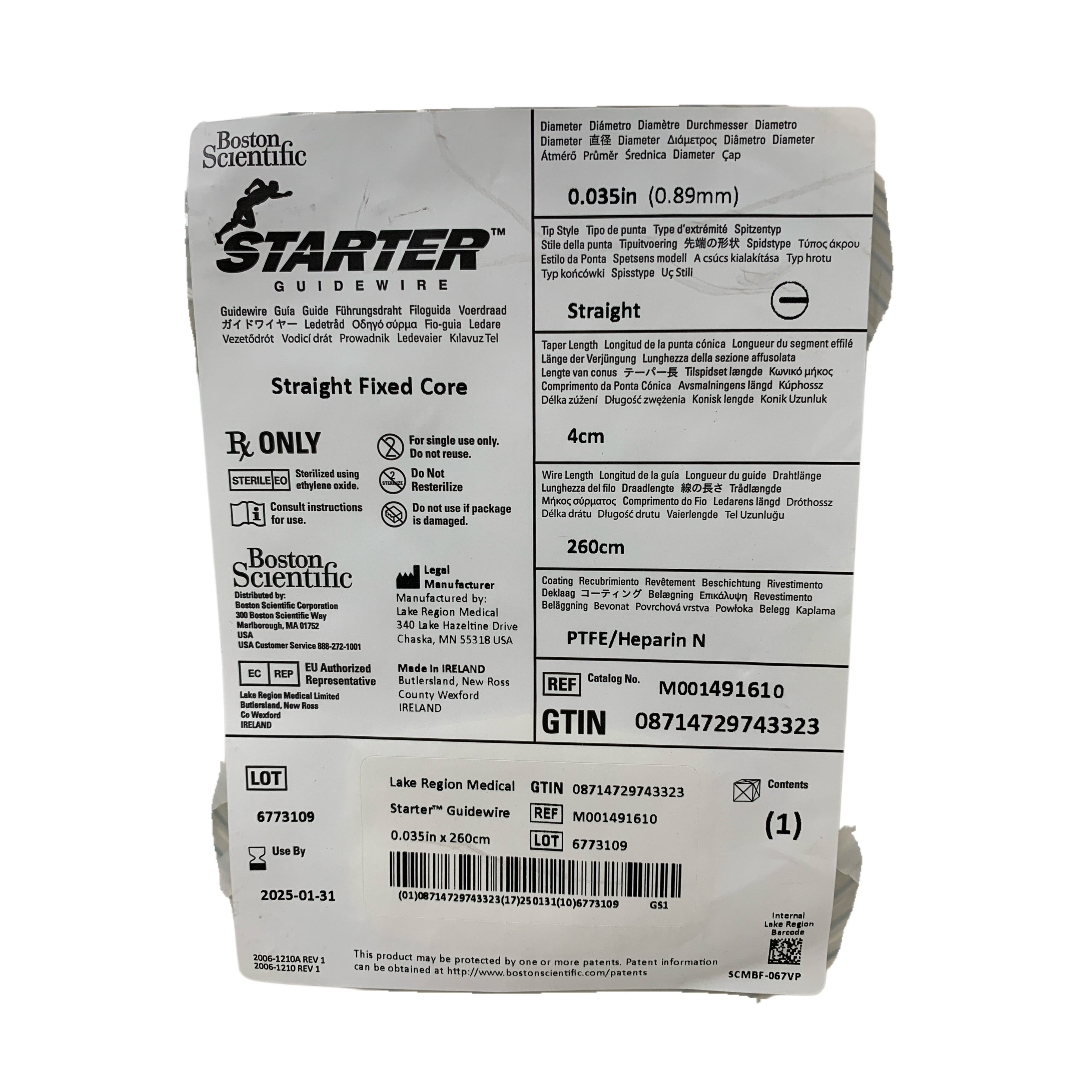 BOSTON SCIENTIFIC REF M001491610 Starter Guidewire 0.035in x 260cm Straight Fixed Core, Exp.2025/01