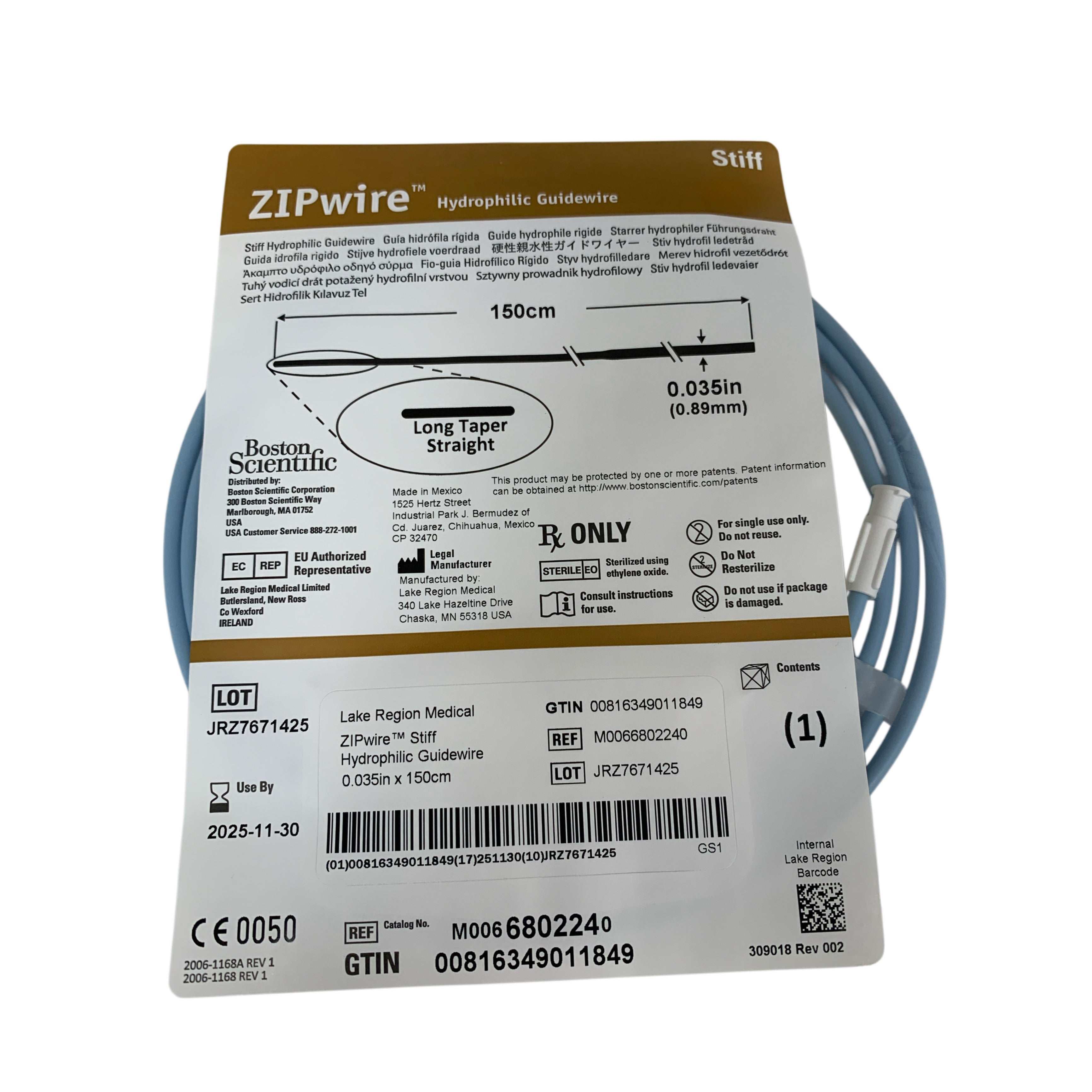 BOSTON SCIENTIFIC REF M006802240 ZIPwire Hydrophilic Guidewire 0.035in x 150cm Long Taper Straight Stiff, Exp.2025/11