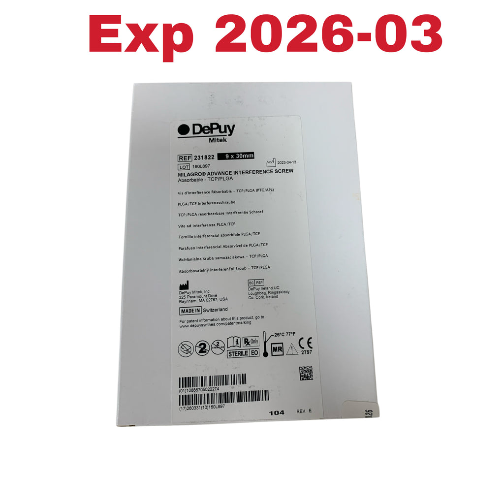 DEPUY MITEK 231822 Milagro Advance Interference Screw Absorbable TCP/PLGA 9 x 30mm Exp 2026 03