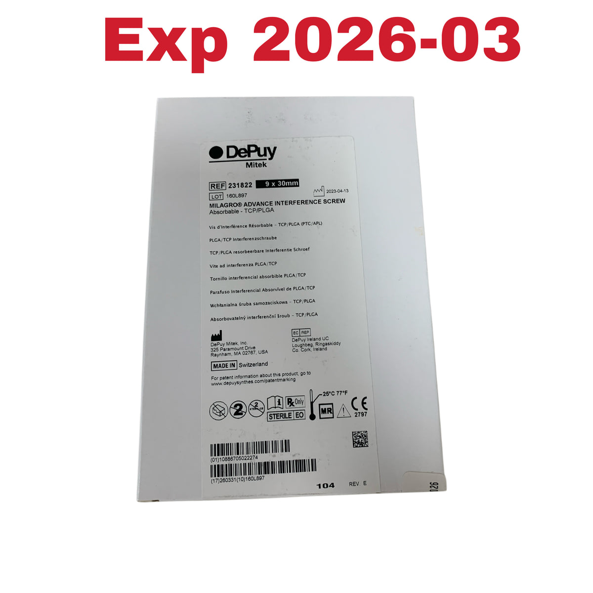 DEPUY MITEK 231822 Milagro Advance Interference Screw Absorbable TCP/PLGA 9 x 30mm Exp 2026 03