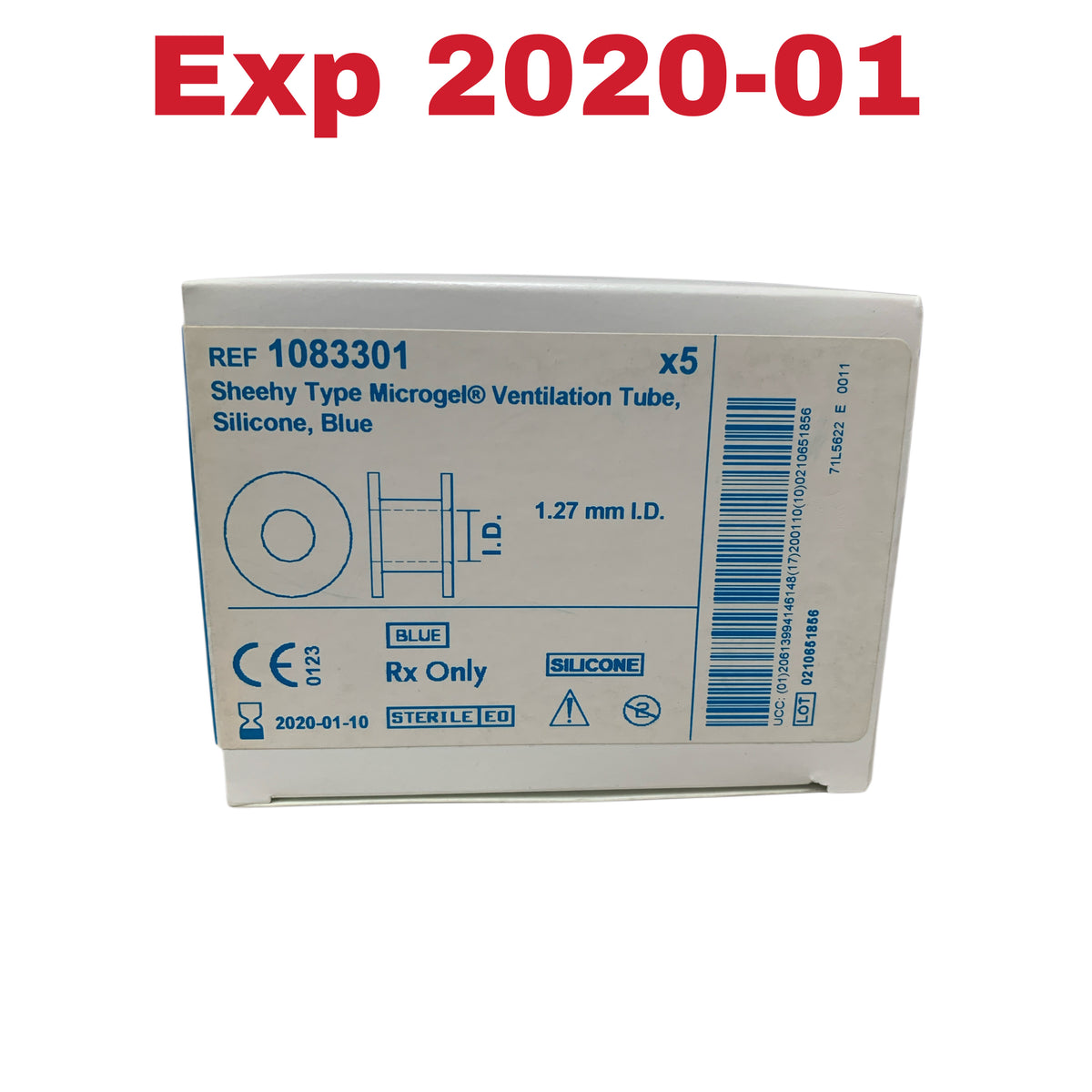 MEDTRONIC XOMED 1083301 Sheehy Type Microgel Ventilation Tube Silicone Blue 1.27 mm ID Box of 5 Exp 2020 01