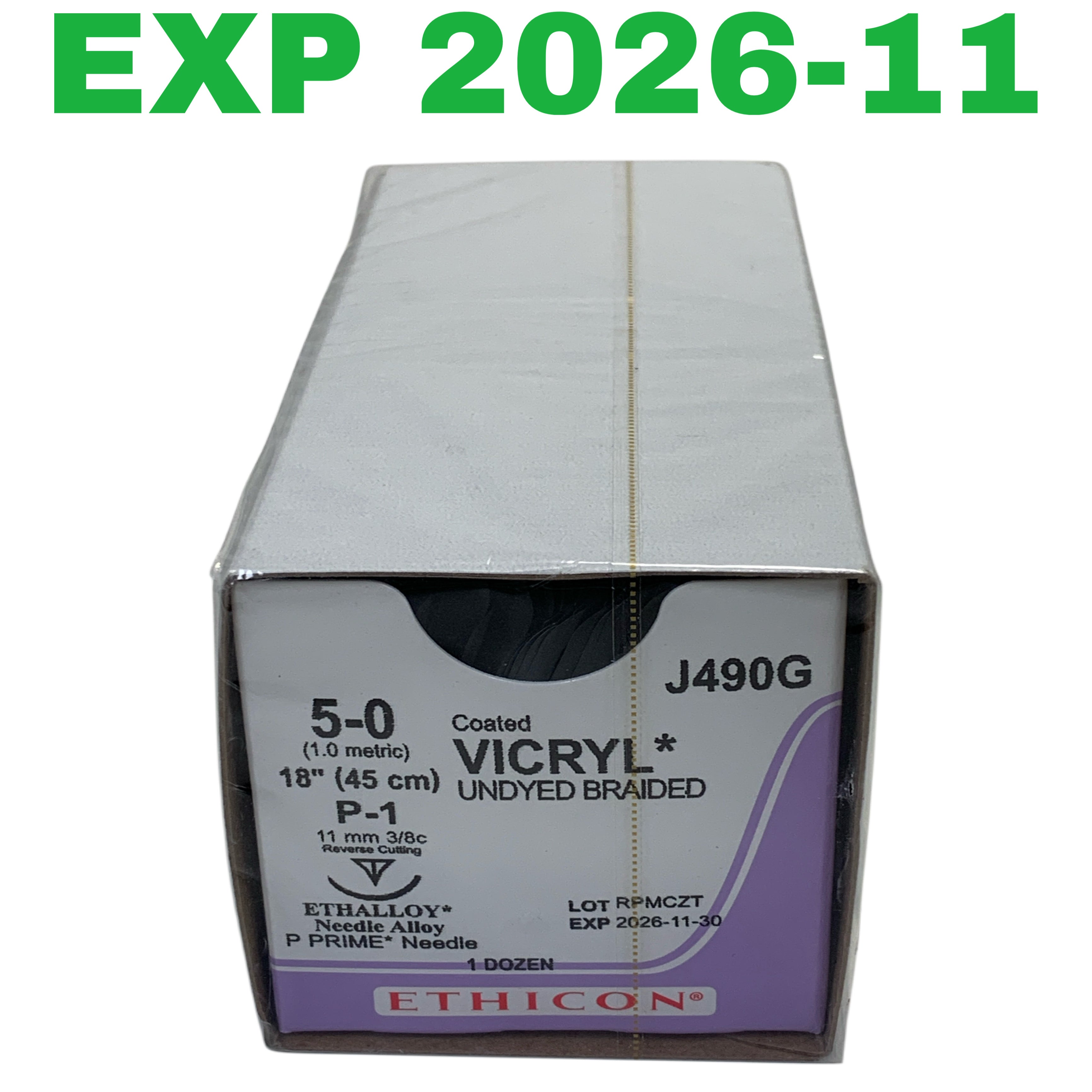 ETHICON REF J490G Coated VICRYL Undyed Braided Suture 5-0, P-1 Needle, Box of 12, Exp.2026/11