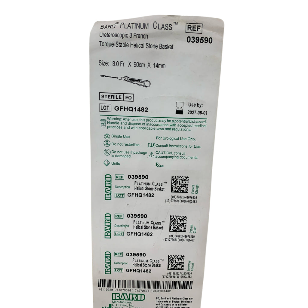 BARD REF 039590 Platinum Class Ureteroscopic 3 French Torque-Stable Helical Stone Basket 3.0 Fr x 90cm x 14mm, Exp.2027/06