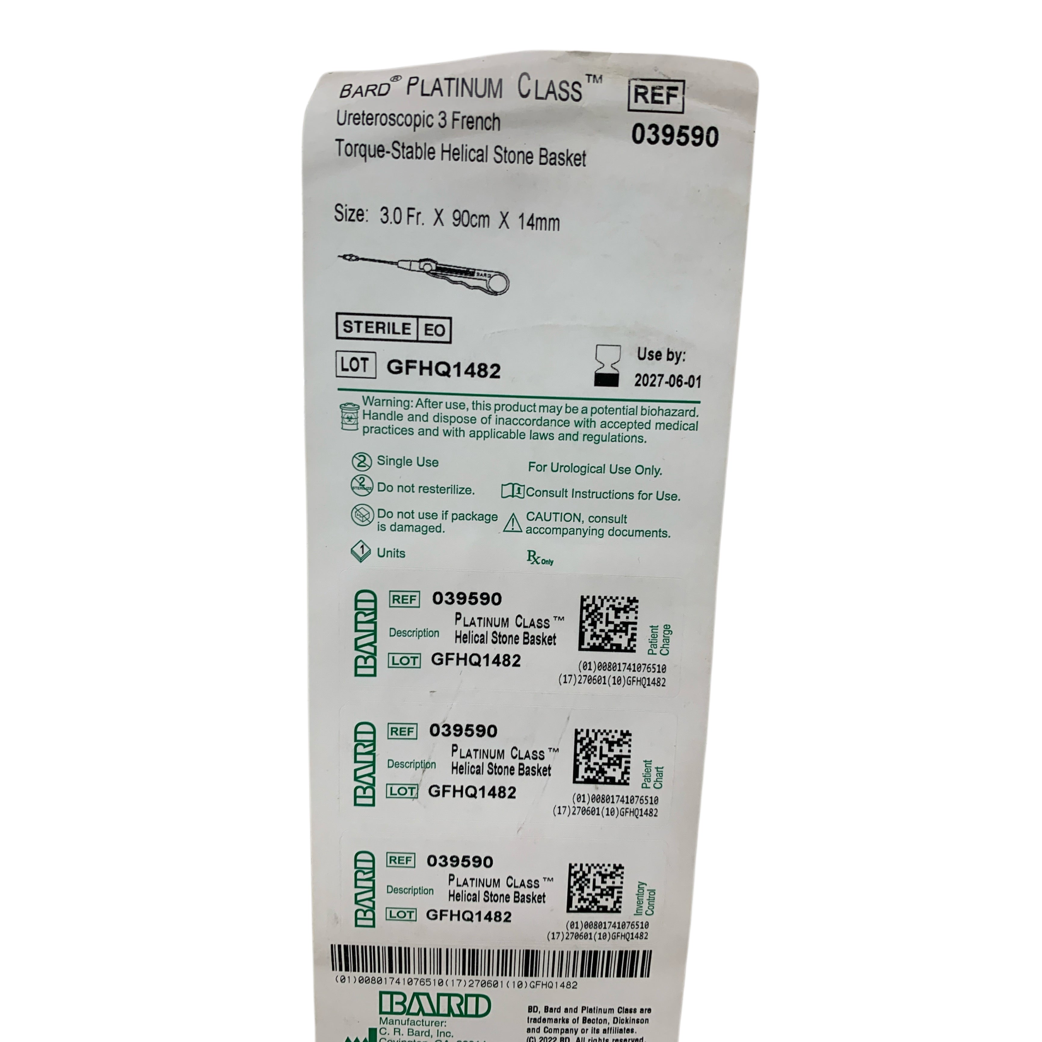 BARD REF 039590 Platinum Class Ureteroscopic 3 French Torque-Stable Helical Stone Basket 3.0 Fr x 90cm x 14mm, Exp.2027/06