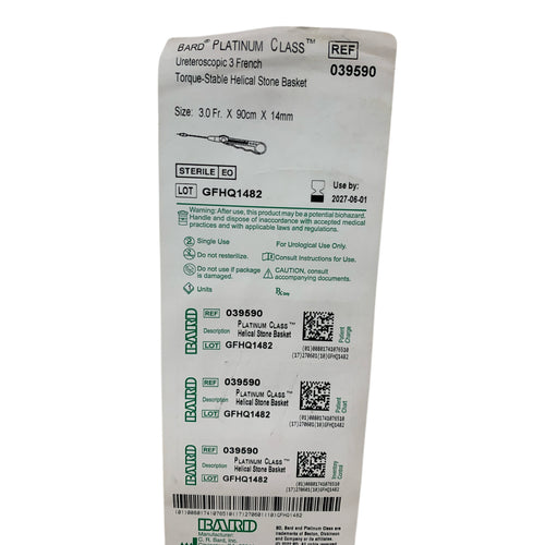 BARD REF 039590 Platinum Class Ureteroscopic 3 French Torque-Stable Helical Stone Basket 3.0 Fr x 90cm x 14mm, Exp.2027/06