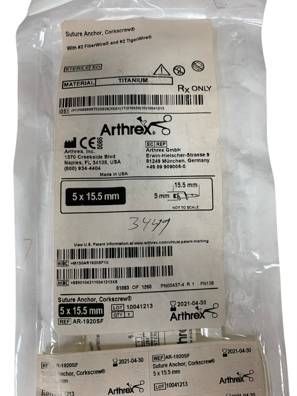ARTHREX AR-1920SF Suture Anchor Corkscrew Titanium 5 x 15.5 mm Exp 2021 04