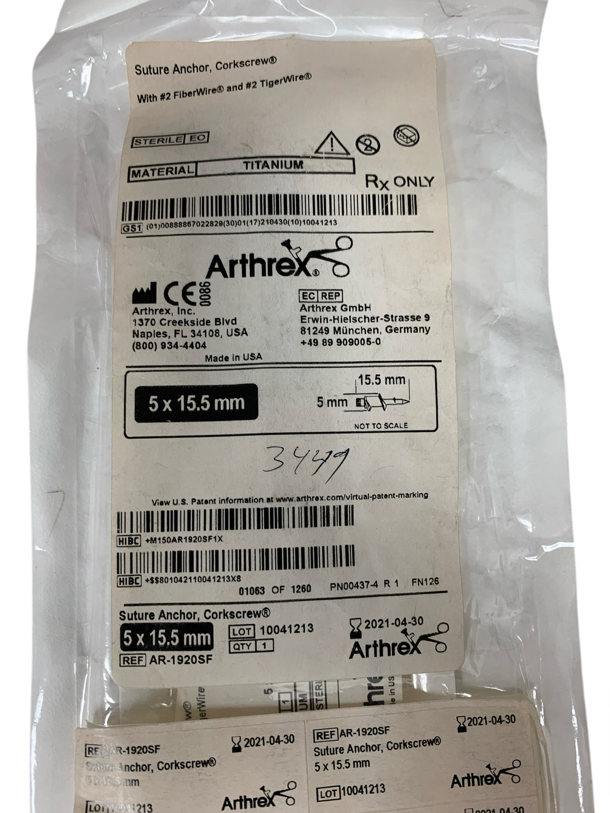 ARTHREX AR-1920SF Suture Anchor Corkscrew Titanium 5 x 15.5 mm Exp 2021 04