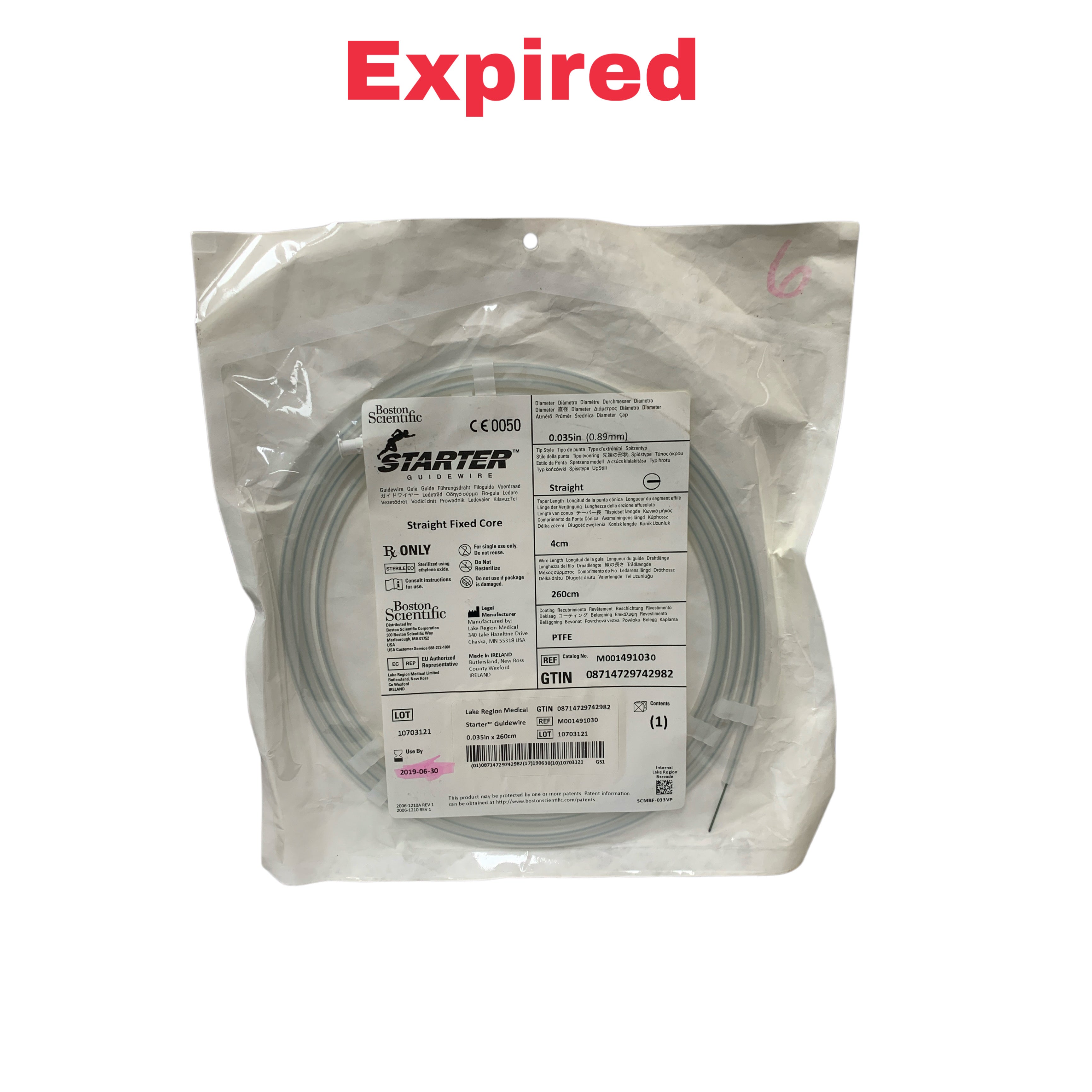 BOSTON SCIENTIFIC REF M001491030 Starter Guidewire 0.035in (0.89mm) 260cm Straight Fixed Core, Exp.2019/06