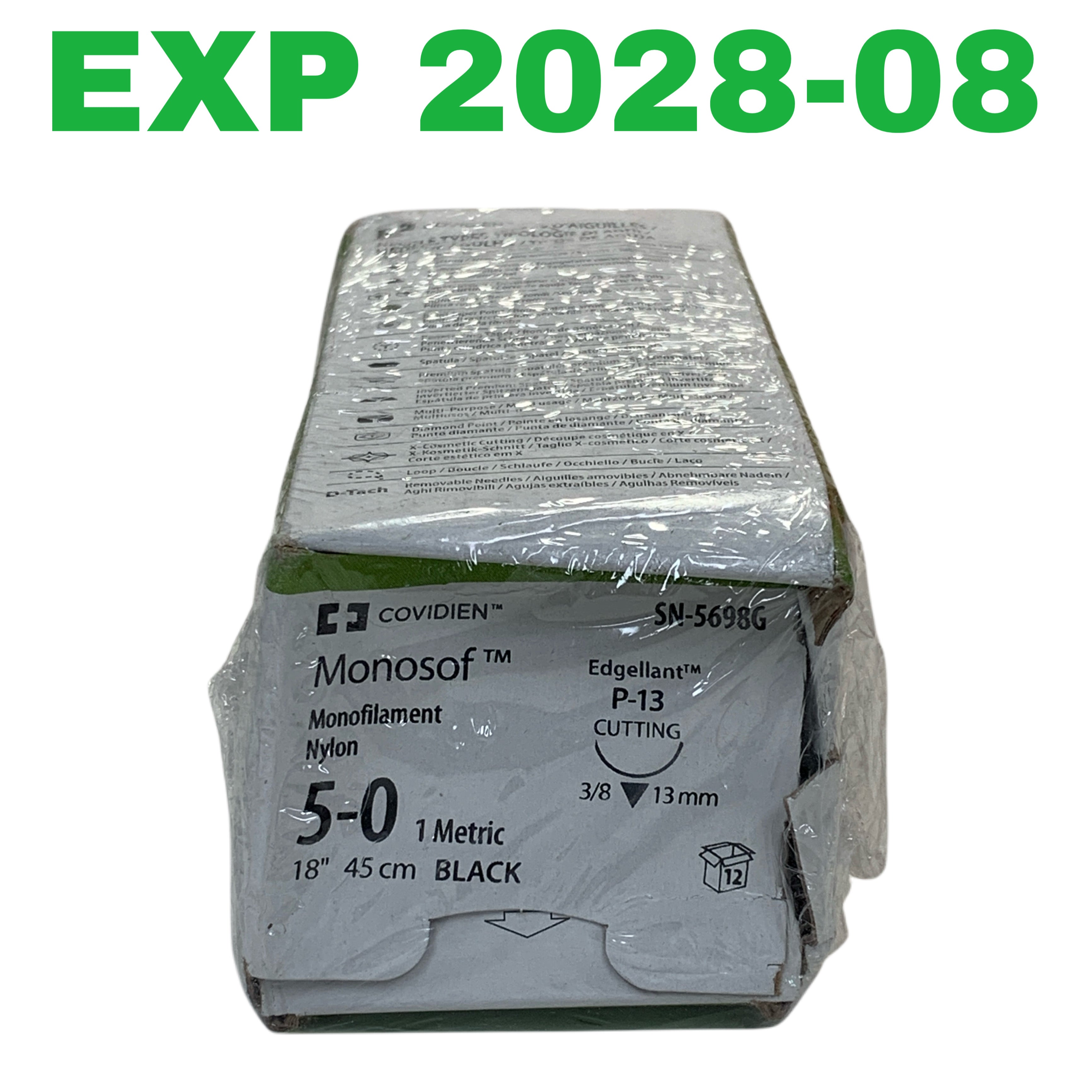 COVIDIEN REF SN-5698G Monosof Monofilament Nylon Suture 5-0 P-13 Cutting 18" 45cm Black Box of 12, Exp.2028/08