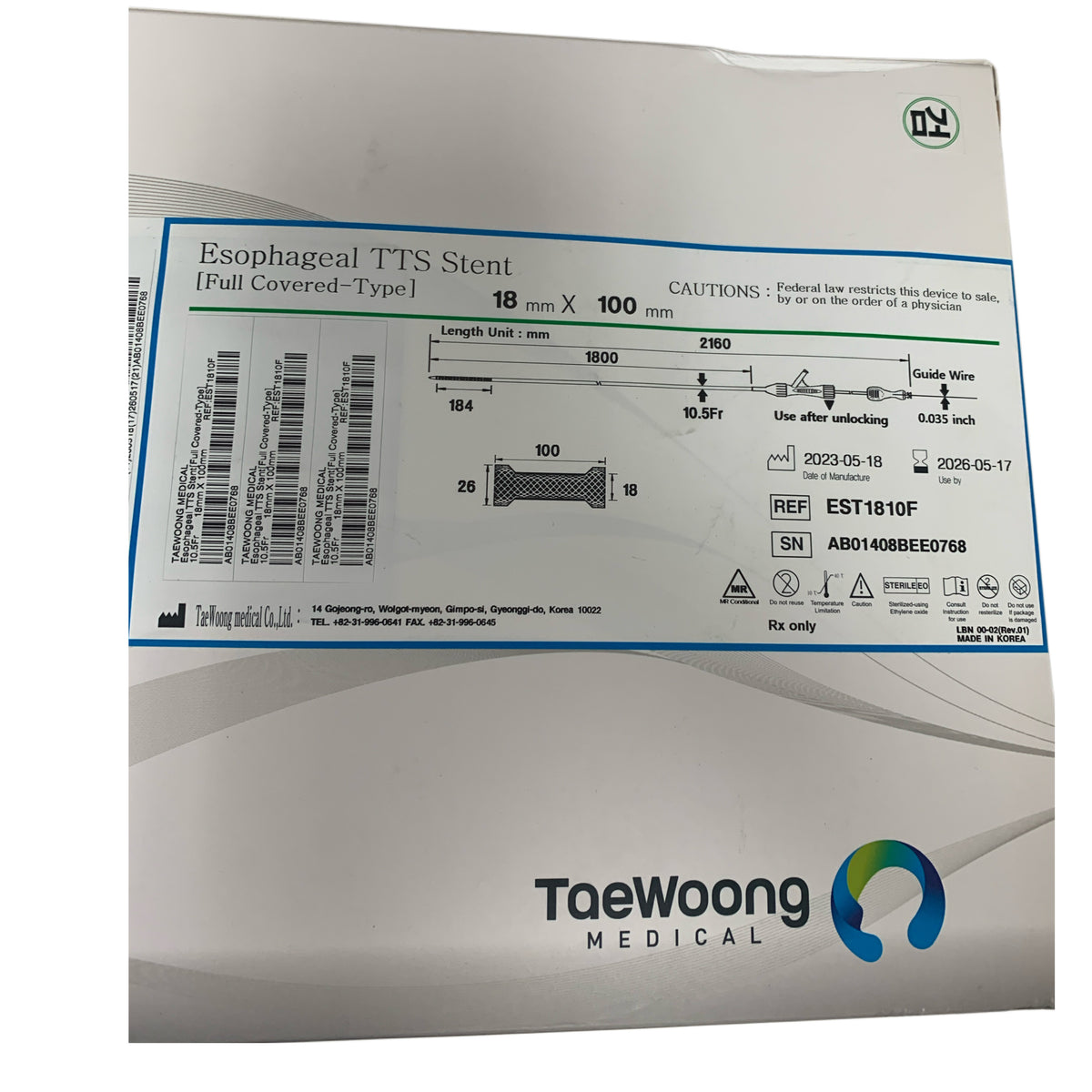 TAEWOONG MEDICAL EST1810F Esophageal TTS Stent Full Covered Type 18mm X 100mm Expired