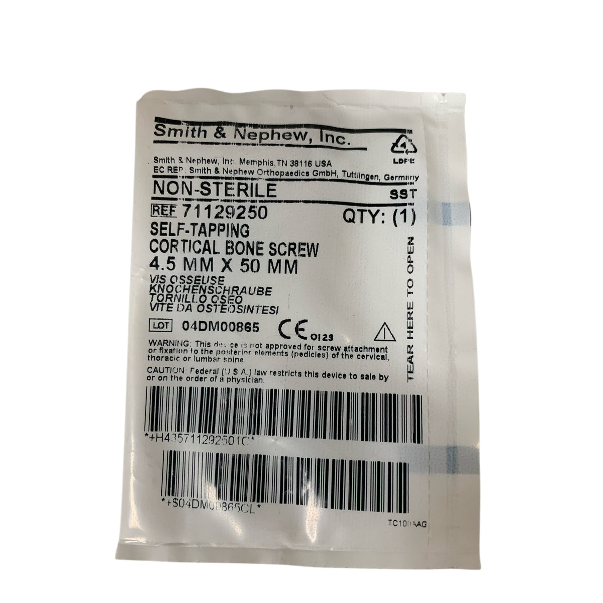 SMITH & NEPHEW 71129250 Self-Tapping Cortical Bone Screw 4.5 mm x 50 mm