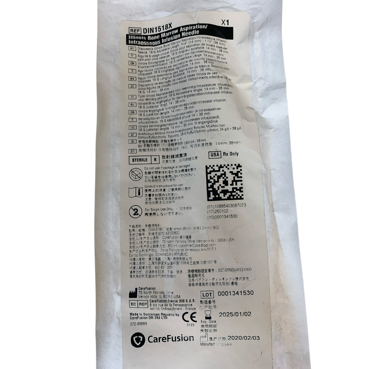 CAREFUSION DIN1518X Illinois Bone Marrow Aspiration Intraosseous Infusion Needle 18 G 14 mm 38 mm EXP 2025 01