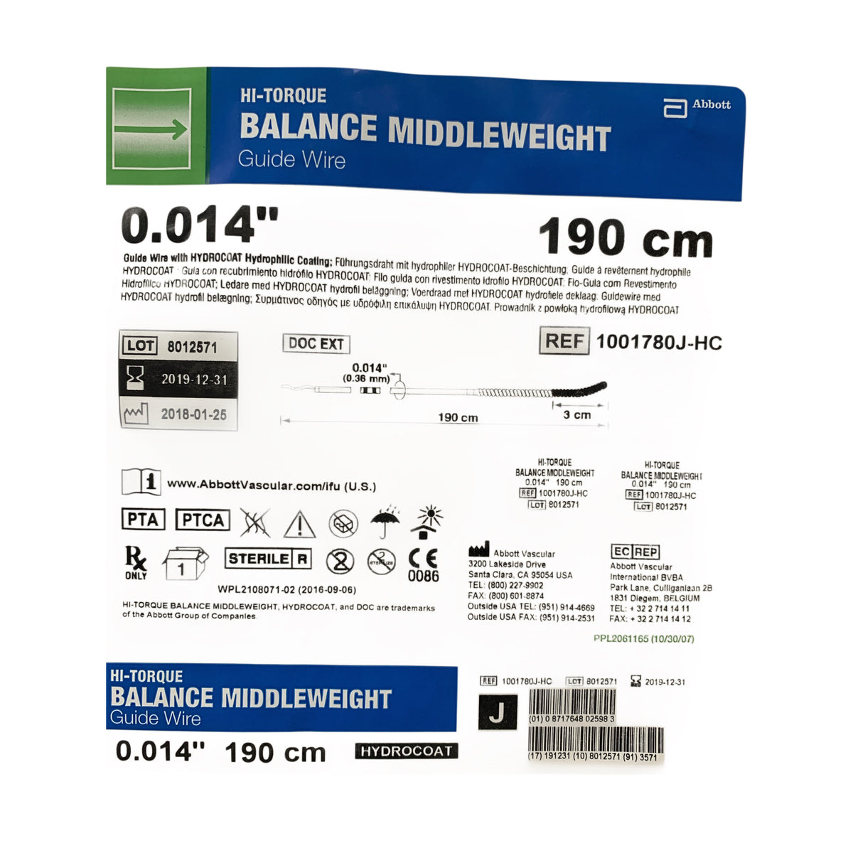 ABBOTT 1001780J-HC Hi-Torque Balance Middleweight 0.014" 190 cm Guide Wire Hydrocoat Exp 2019 12