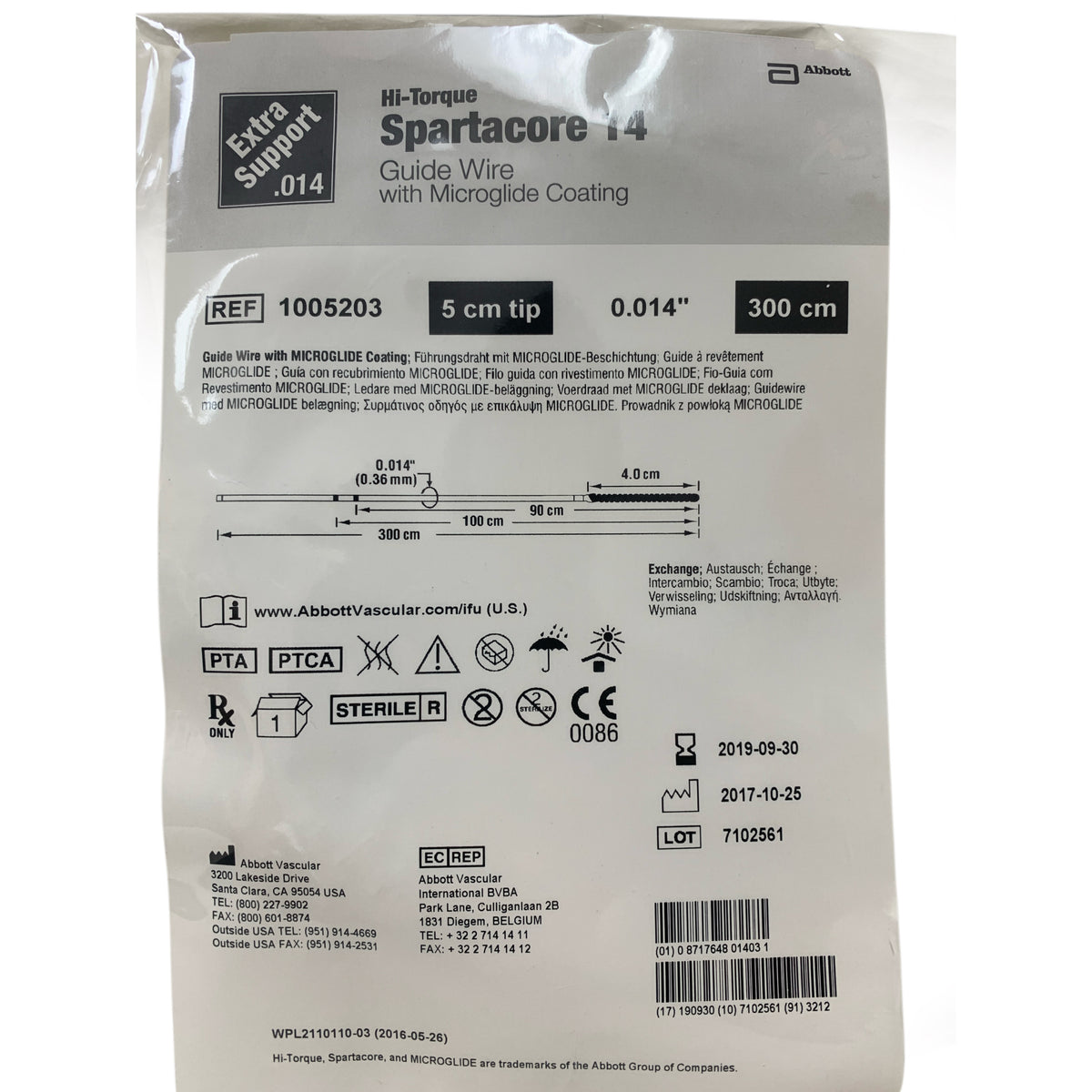 ABBOTT 1005203 Hi-Torque Spartacore 14 Extra Support Guide Wire 0.014 in 300cm 5cm Tip Exp 2019 09