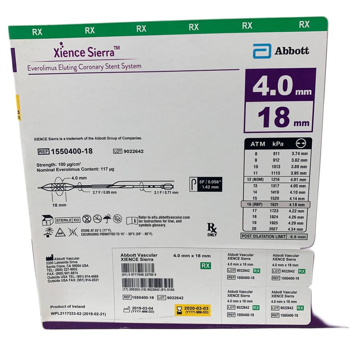 ABBOTT 1550400-18 Xience Sierra Everolimus Eluting Coronary Stent System 4.0mm x 18mm Exp 2020 03