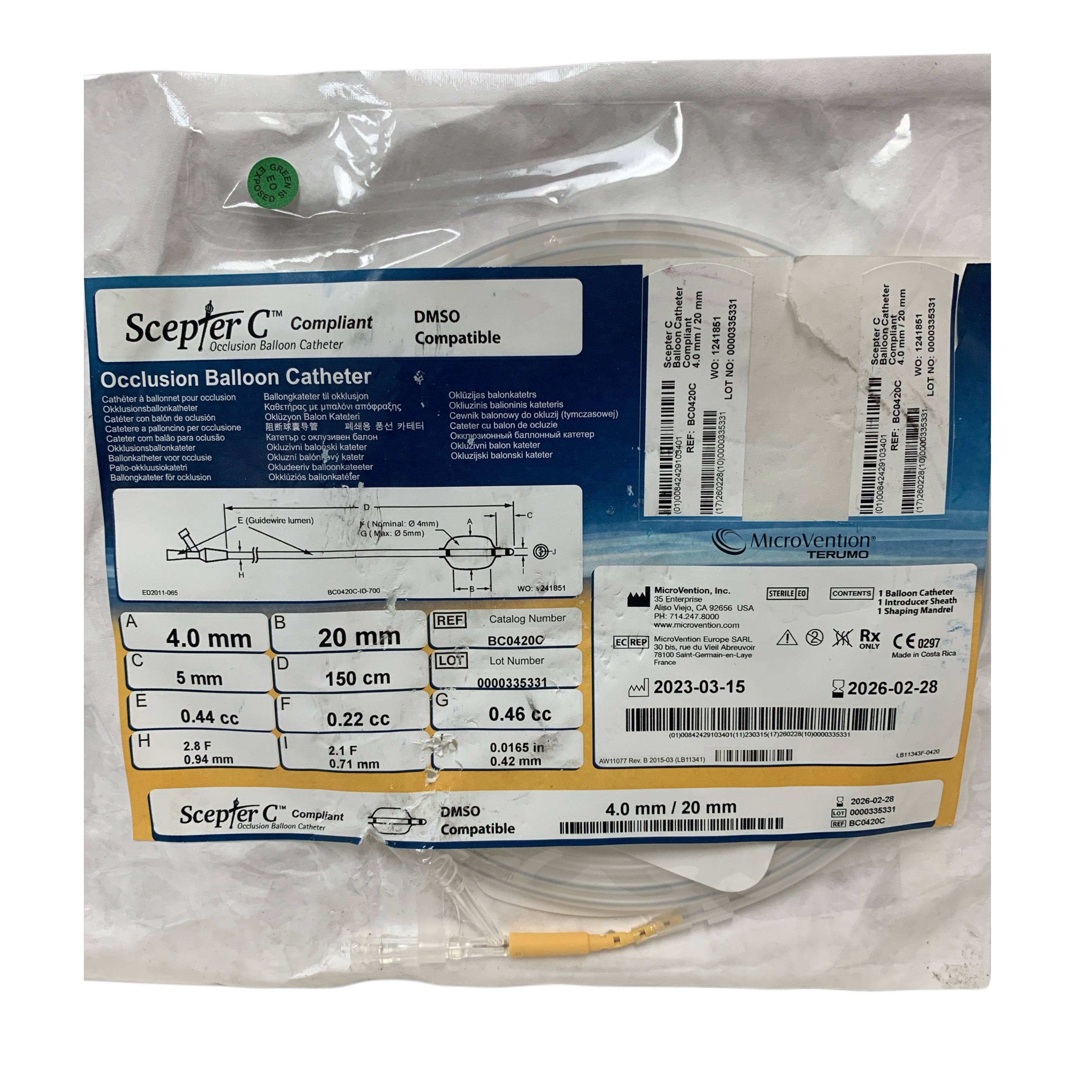 MICROVENTION INC. REF BC0420C Scepter C Compliant Occlusion Balloon Catheter 4.0 mm / 20 mm DMSO Compatible Exp.2026/02