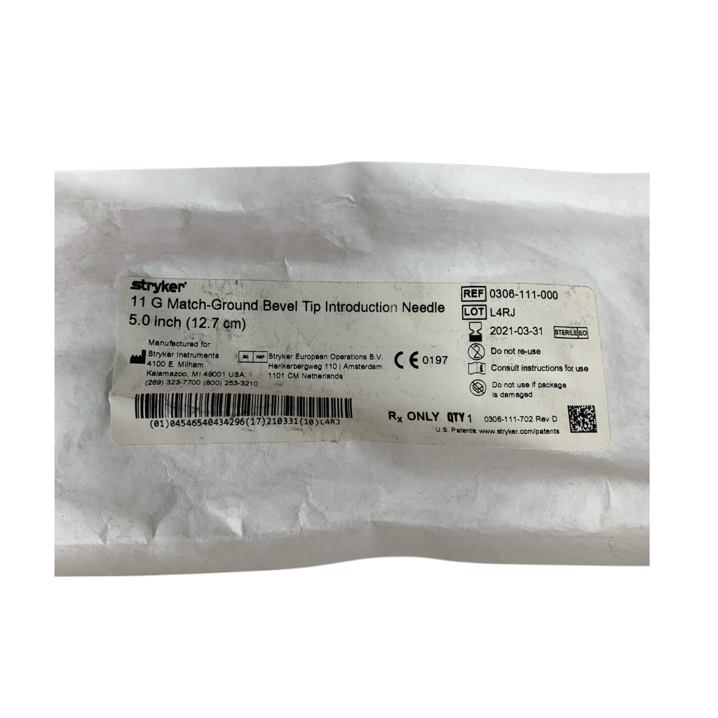 STRYKER 0306-111-000 11 G Match-Ground Bevel Tip Introduction Needle 5.0 inch (12.7 cm) Exp 2021 03