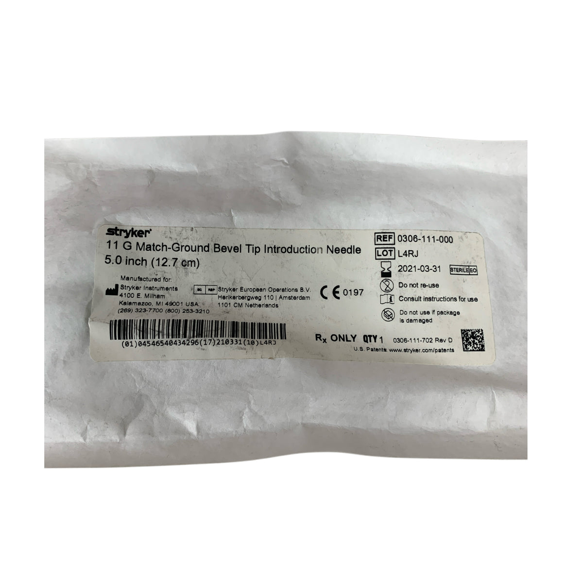 STRYKER 0306-111-000 11 G Match-Ground Bevel Tip Introduction Needle 5.0 inch (12.7 cm) Exp 2021 03