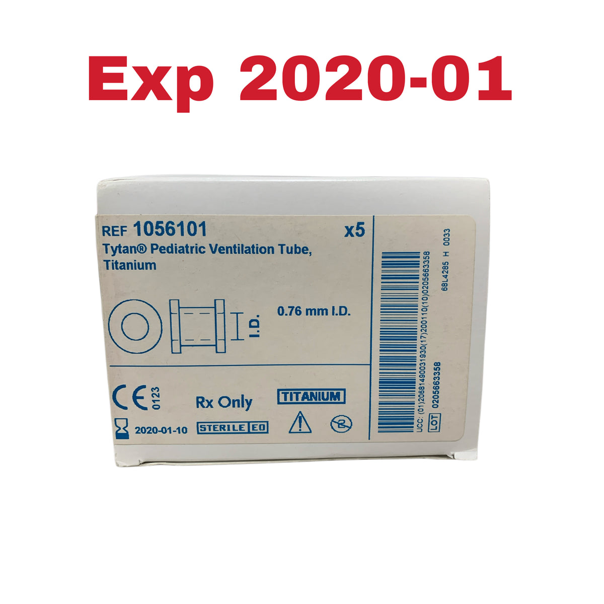 MEDTRONIC/ XOMED 1056101 Tytan Pediatric Ventilation Tube Titanium 0.76 mm ID Box of 5 EXP 2020 01