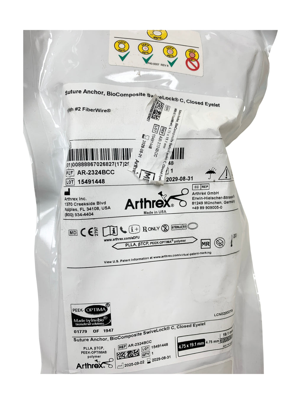 ARTHREX AR-2324BCC BioComposite SwivelLock C Suture Anchor with #2 FiberWire, 4.75mm x 19.1mm, Exp.2029/08