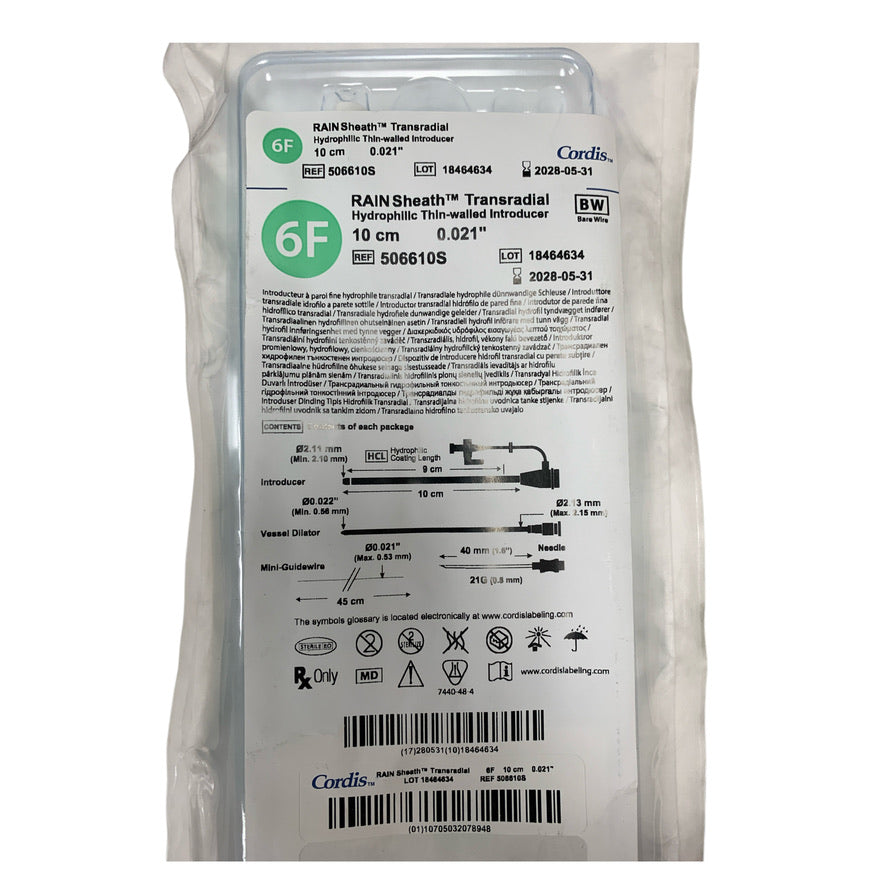 CORDIS 506610S RAIN Sheath Transradial Hydrophilic Thin-walled Introducer 6F 10 cm 0.021 Inch EXP 2028 05