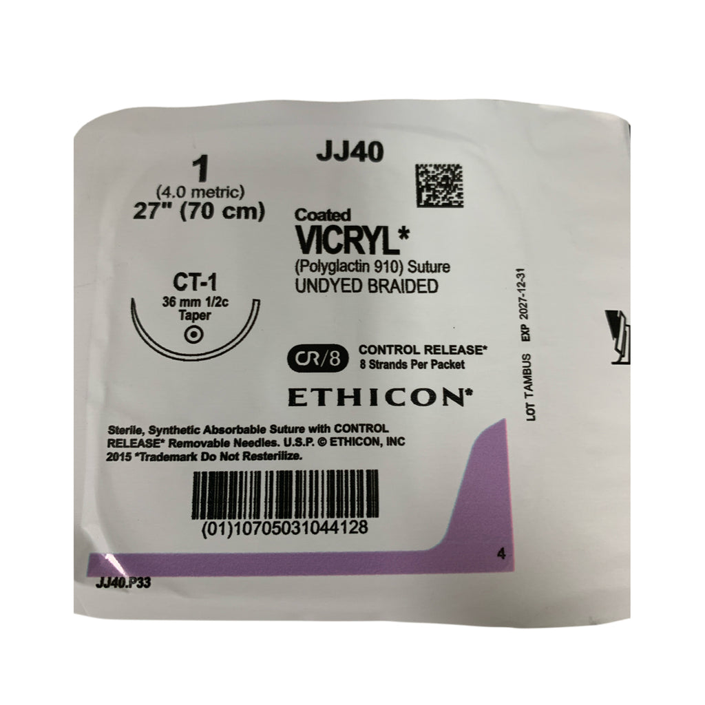 ETHICON REF JJ40G Coated VICRYL (Polyglactin 910) Suture, Size 1, 27" (70 cm), CT-1 Needle, Undyed Braided, Exp.2027/12
