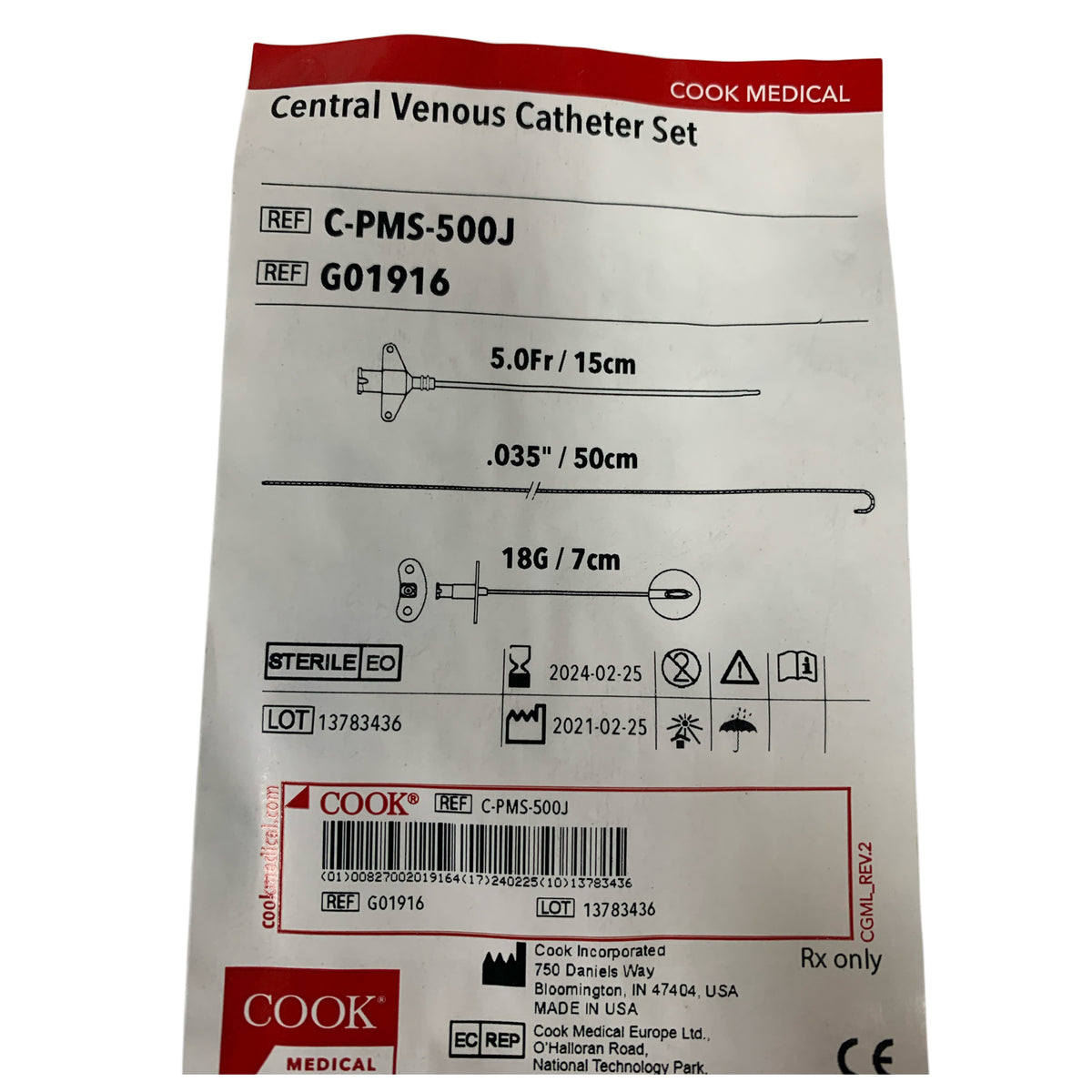 COOK MEDICAL C-PMS-500J G01916 Central Venous Catheter Set 5.0Fr 15cm Exp 2024 02