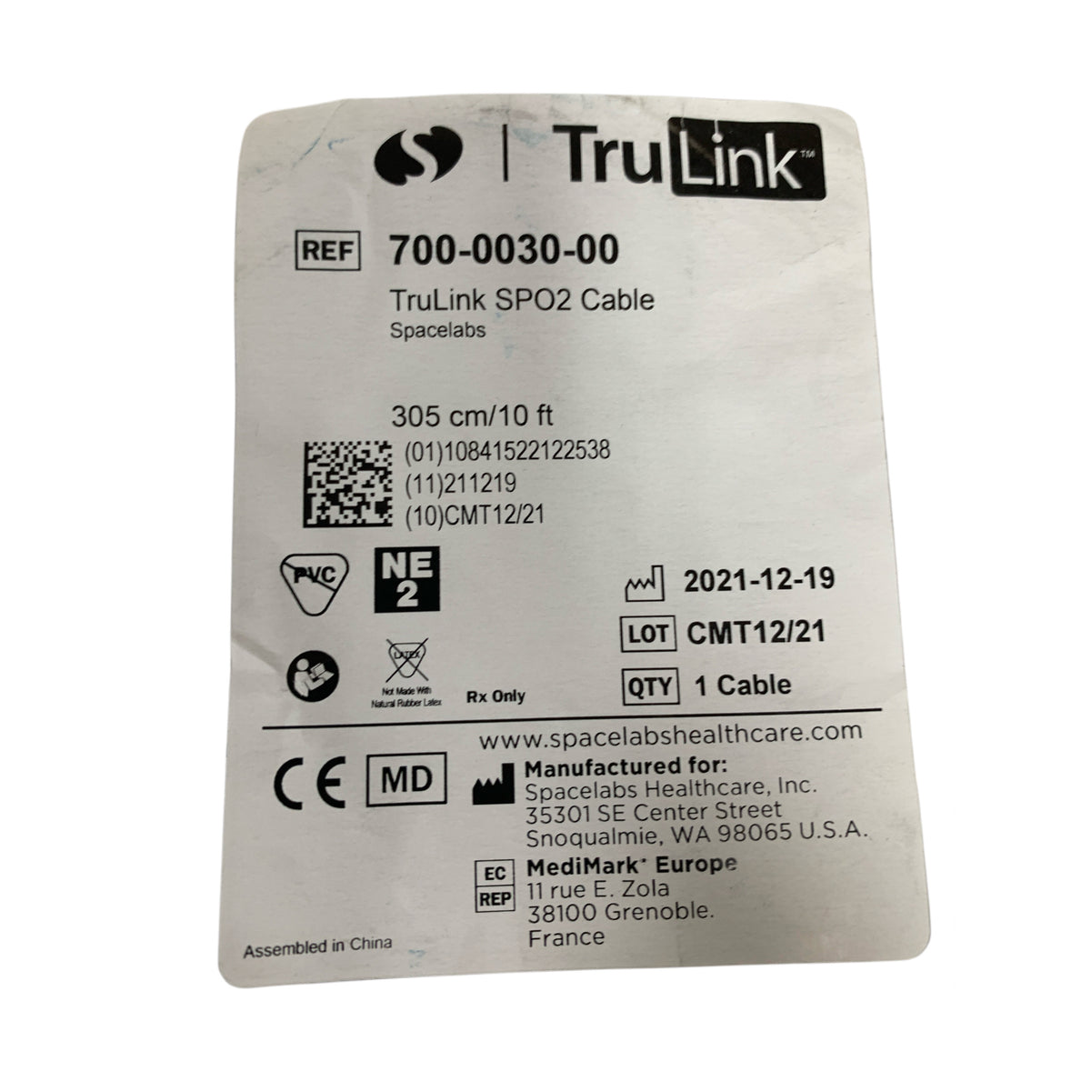 SPACELABS 700-0030-00 TruLink SPO2 Cable 305 cm/10 ft