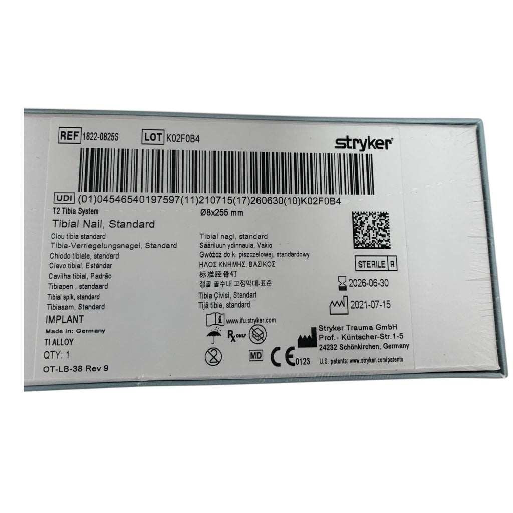 STRYKER 1822-0825S T2 Tibia System Tibial Nail Standard 8x255 mm Exp 2026 06