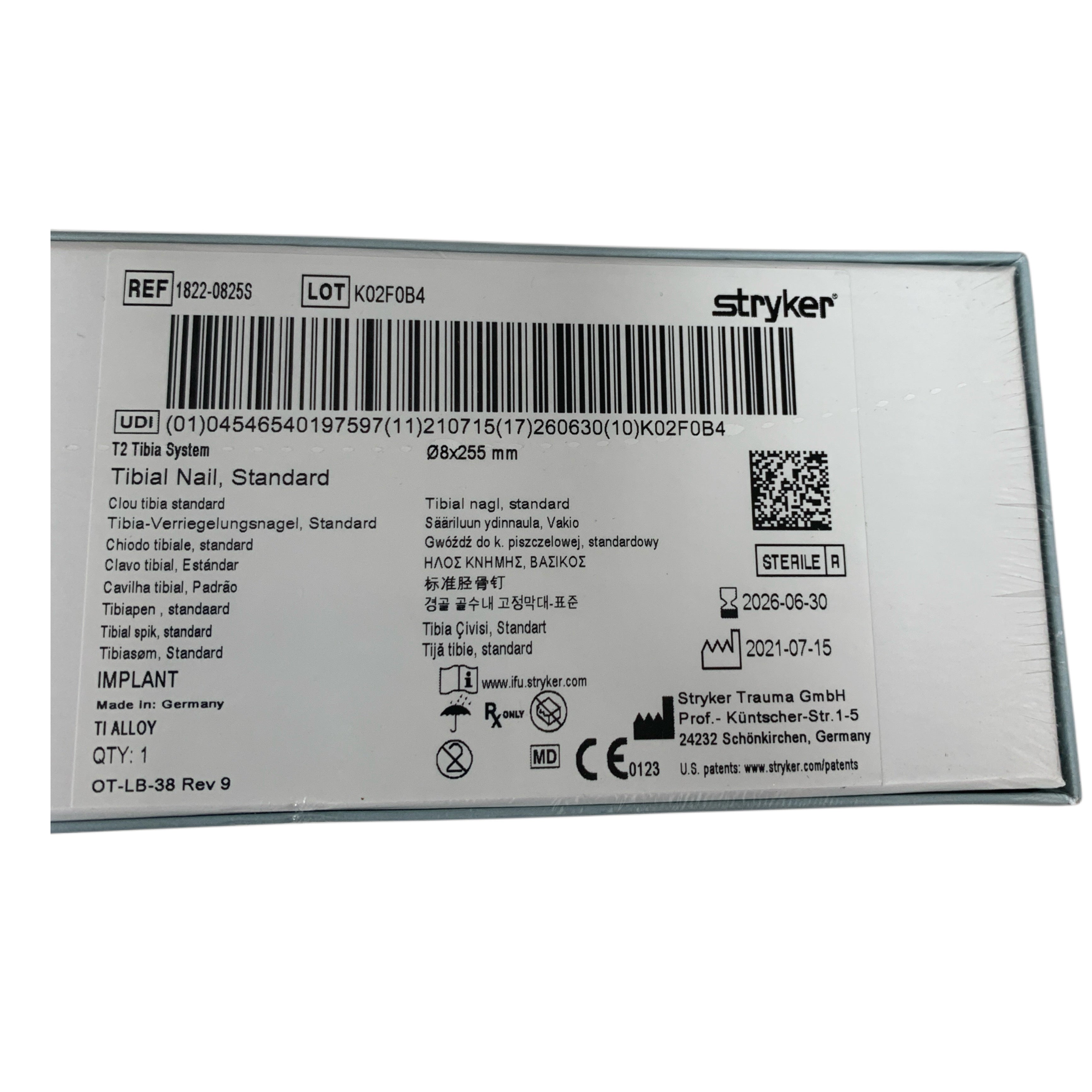 STRYKER 1822-0825S T2 Tibia System Tibial Nail Standard 8x255 mm Exp 2026 06