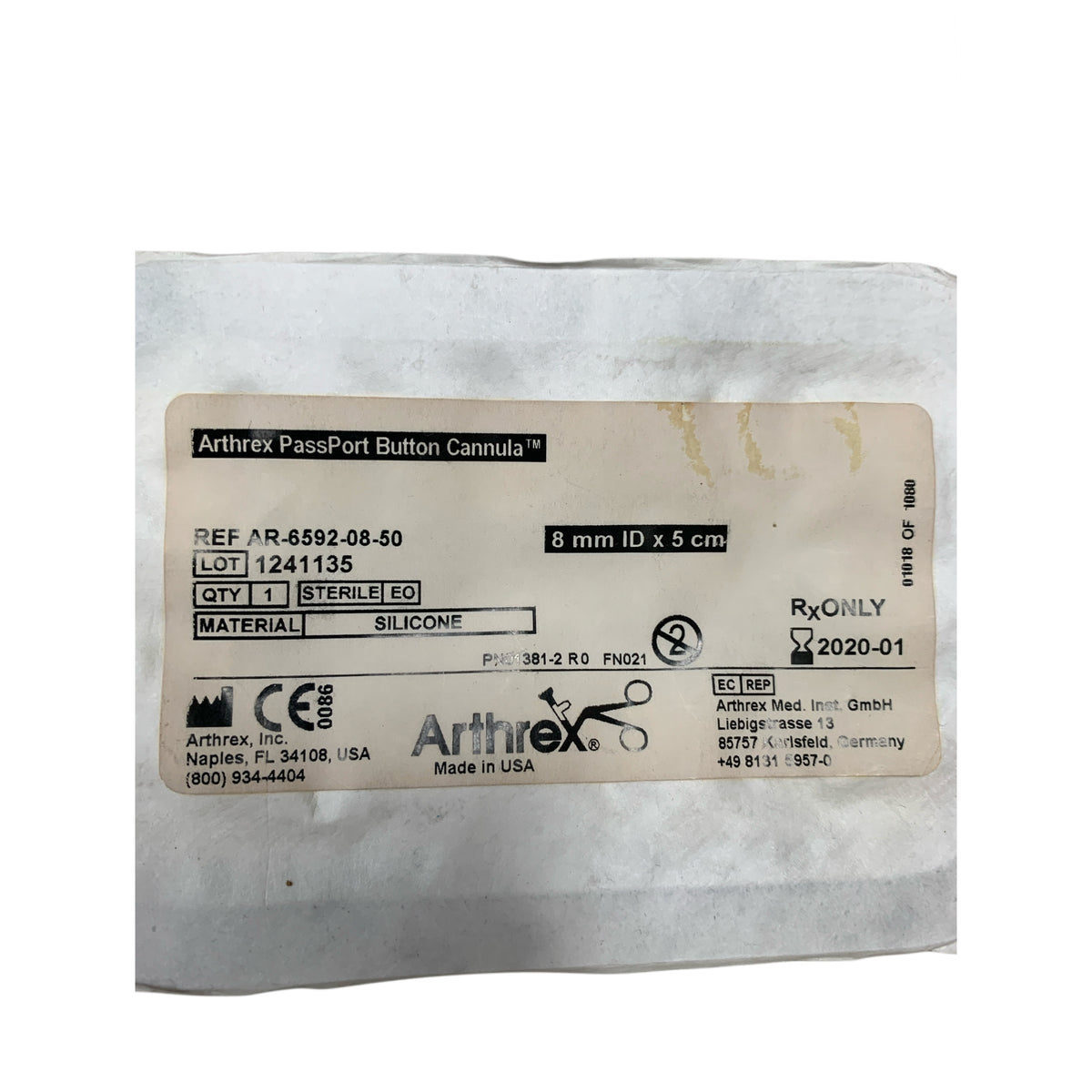 ARTHREX AR-6592-08-50 PassPort Button Cannula 8 mm ID x 5 cm Exp 2020 01