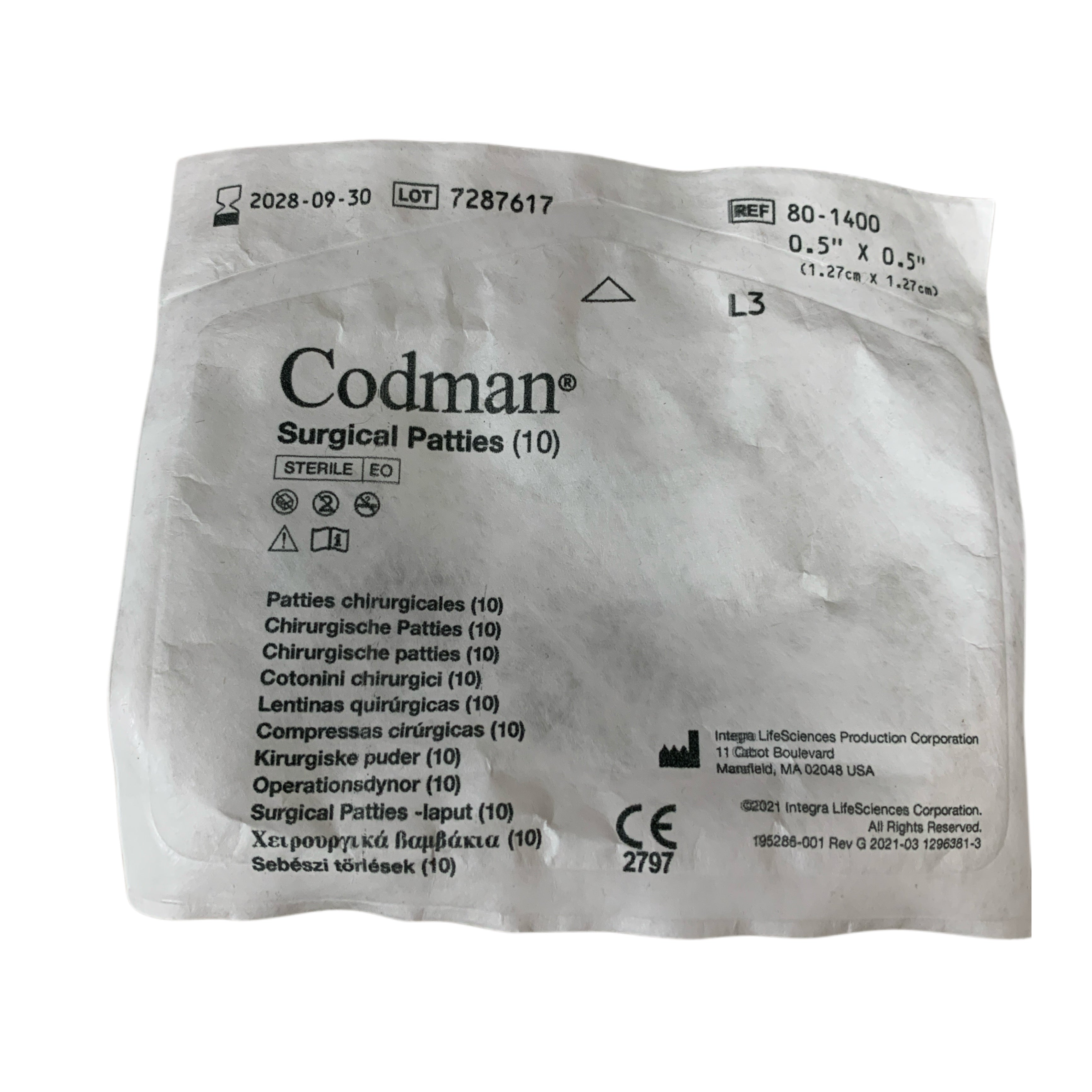 CODMAN 80-1400 Surgical Patties 0.5" x 0.5" Exp 2028 09