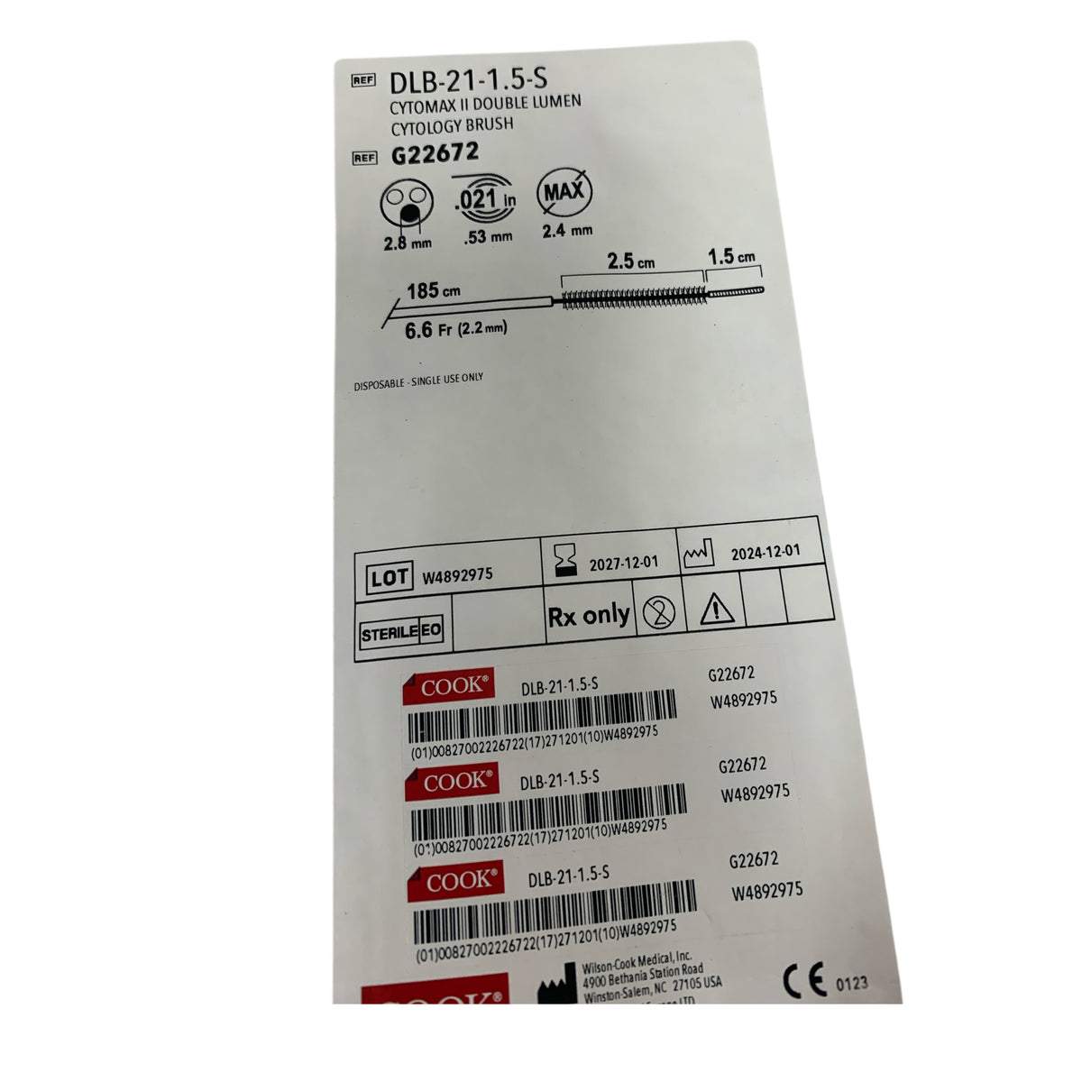 COOK MEDICAL DLB-21-1.5-S / G22672 Cytomax II Double Lumen Cytology Brush 6.6 Fr 185 cm EXP 2027 12