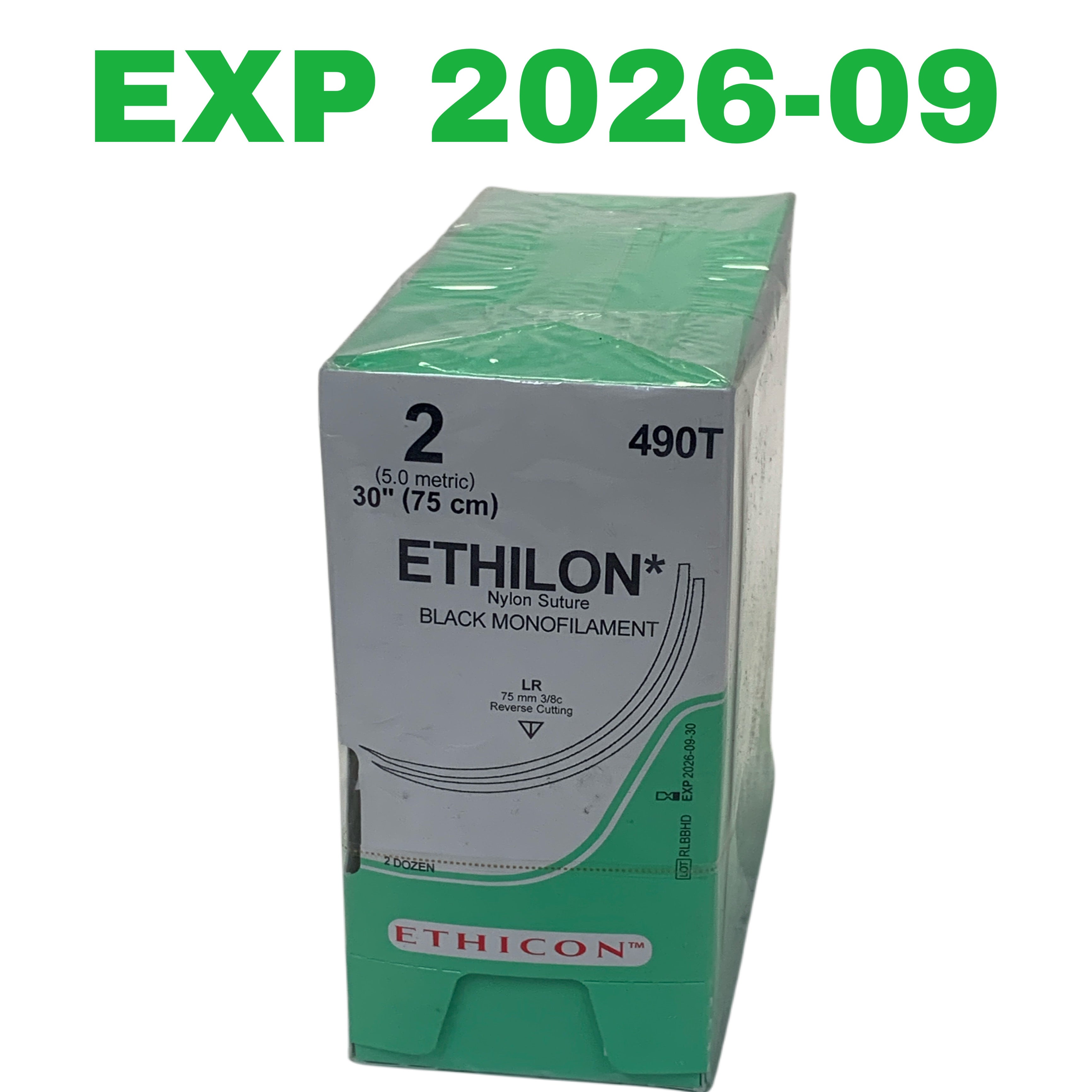 ETHICON REF 490T Ethilon 2 Non-Absorbable Nylon Suture 30" (75 cm) LR Needle Box of 24, Exp.2026/09