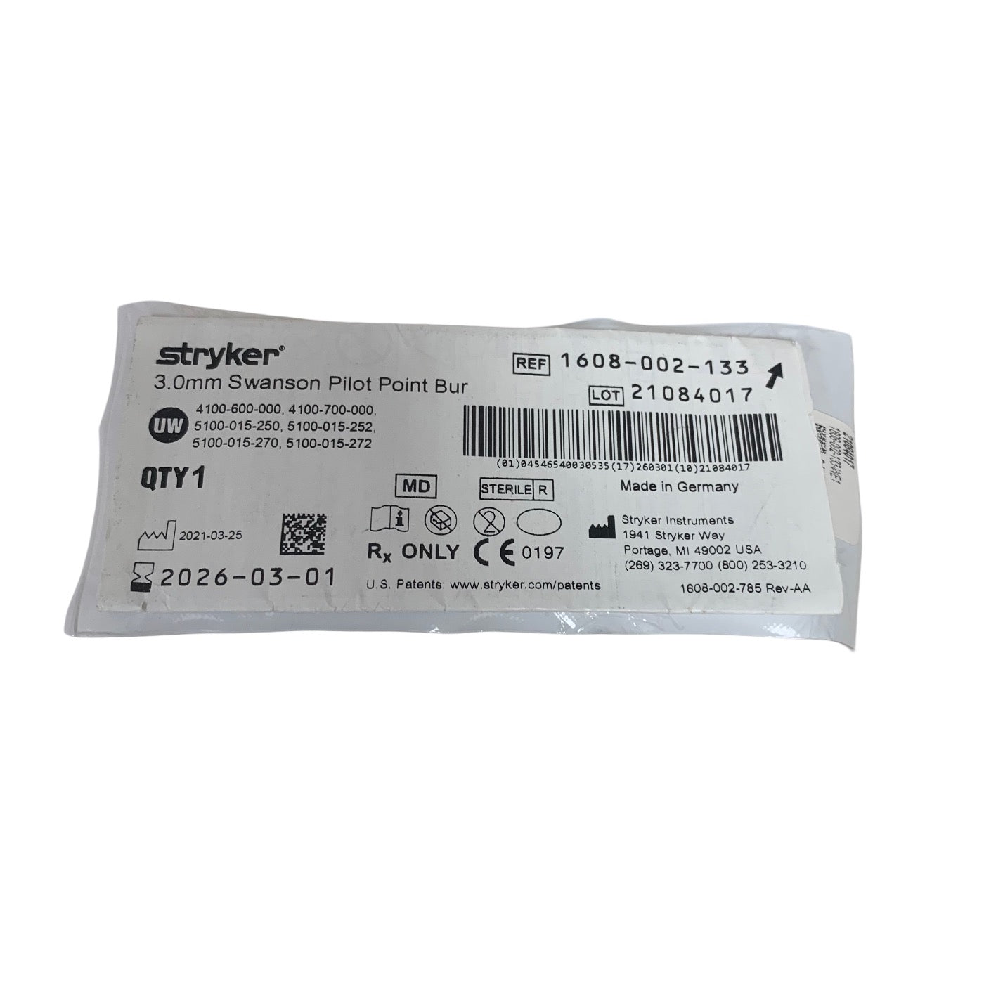 STRYKER 1608-002-133 3.0mm Swanson Pilot Point Bur Exp 2026 03