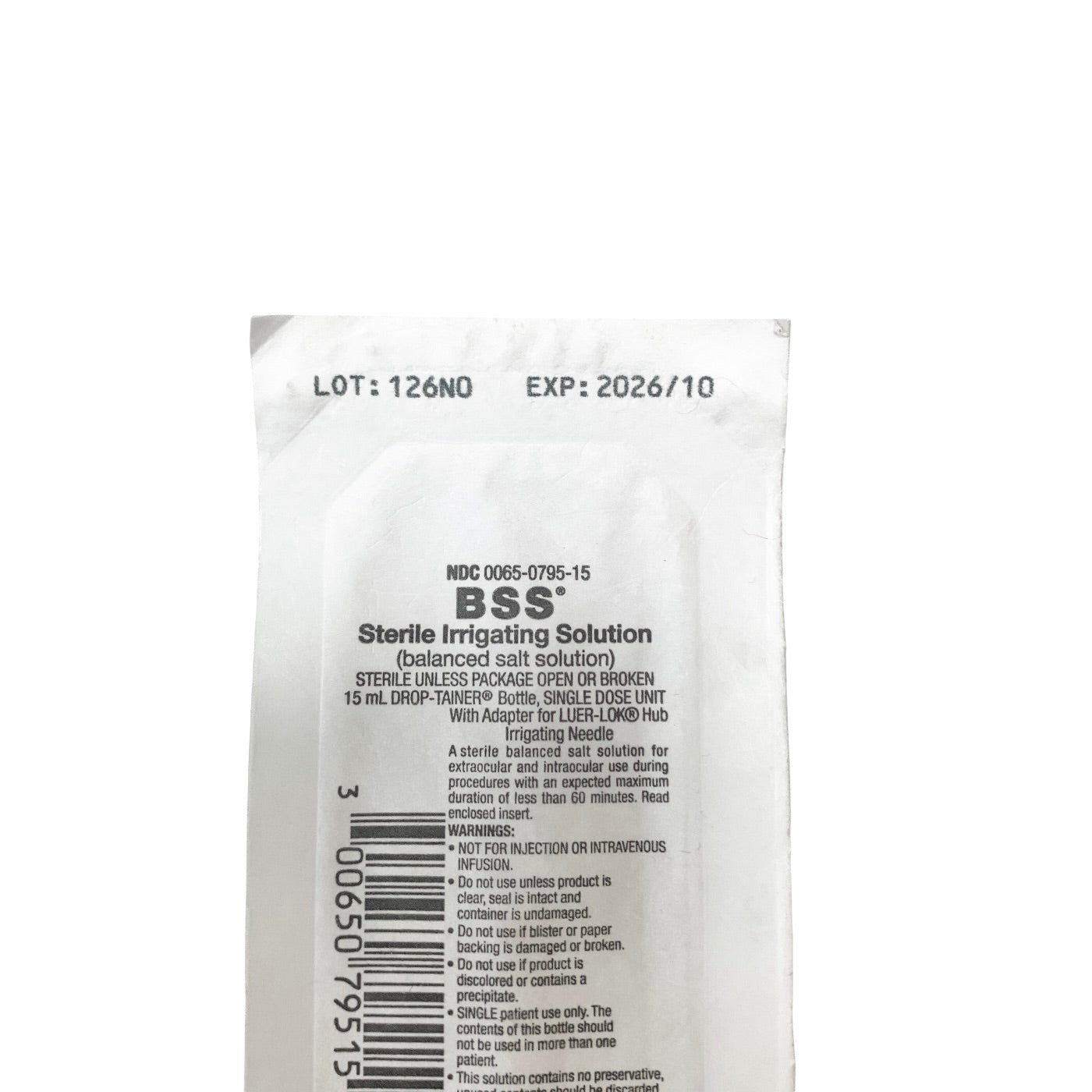 ALCON REF 0065-0795-15 BSS Sterile Irrigating Solution 15mL Balanced Salt Solution, EXP.2026-10