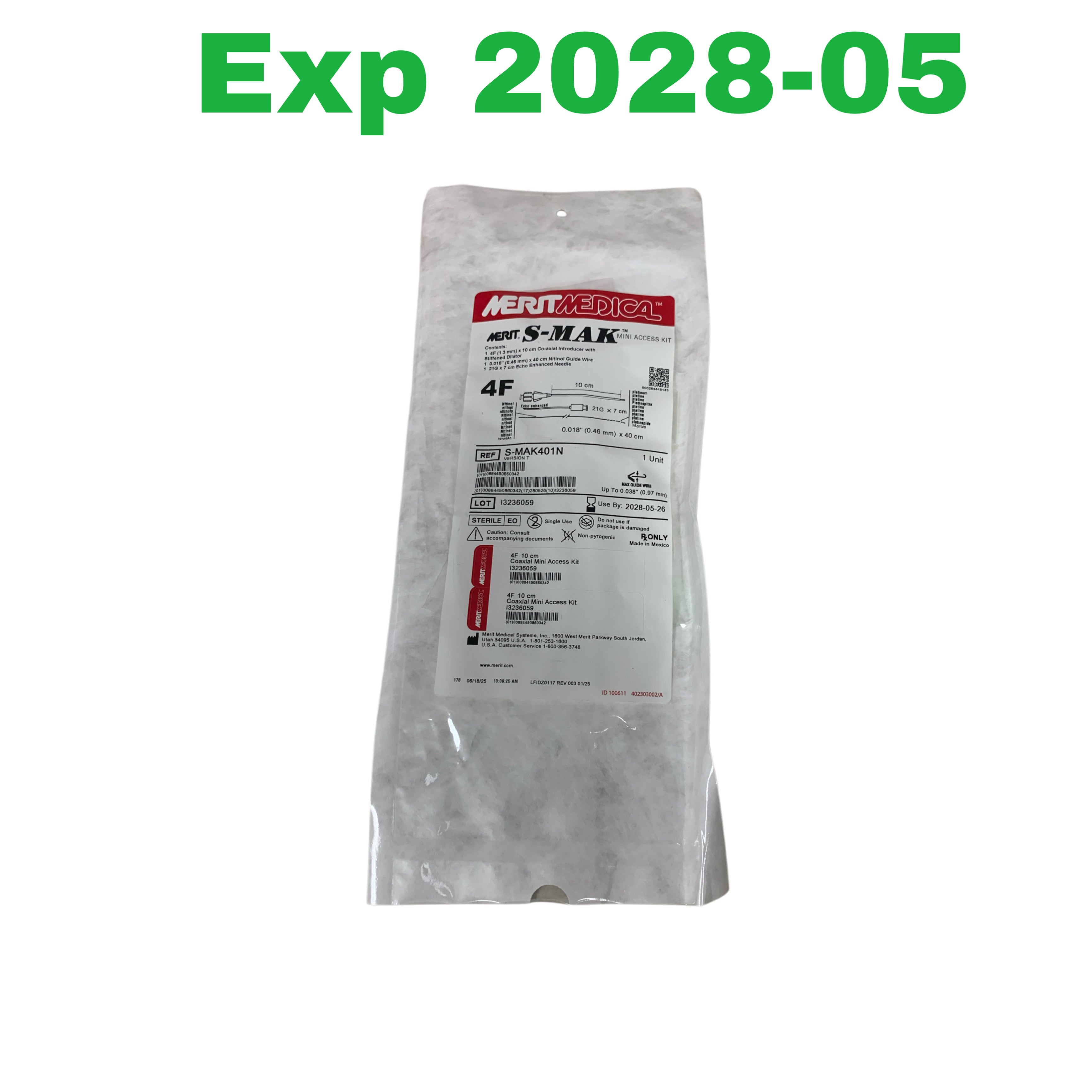 MERIT MEDICAL S-MAK401N S-MAK Mini Access Kit 4F 10cm Co-axial Introducer Nitinol Guide Wire Exp 2028 05