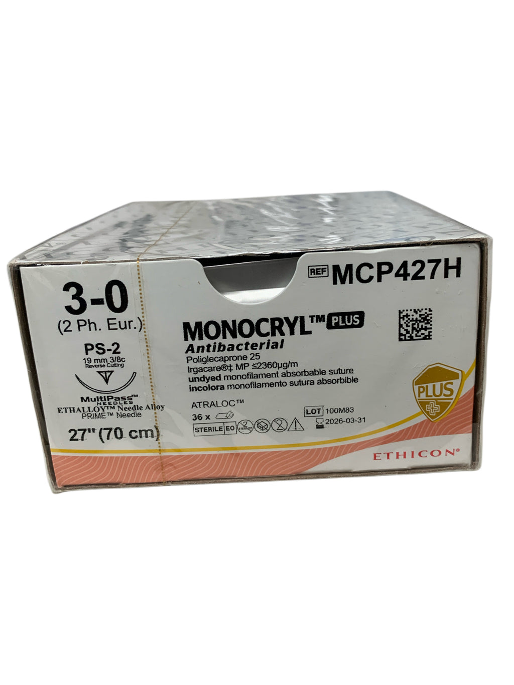 ETHICON REF MCP427H Monocryl Plus Antibacterial Suture 3-0 PS-2 27" Box of 36, Exp.2026/03