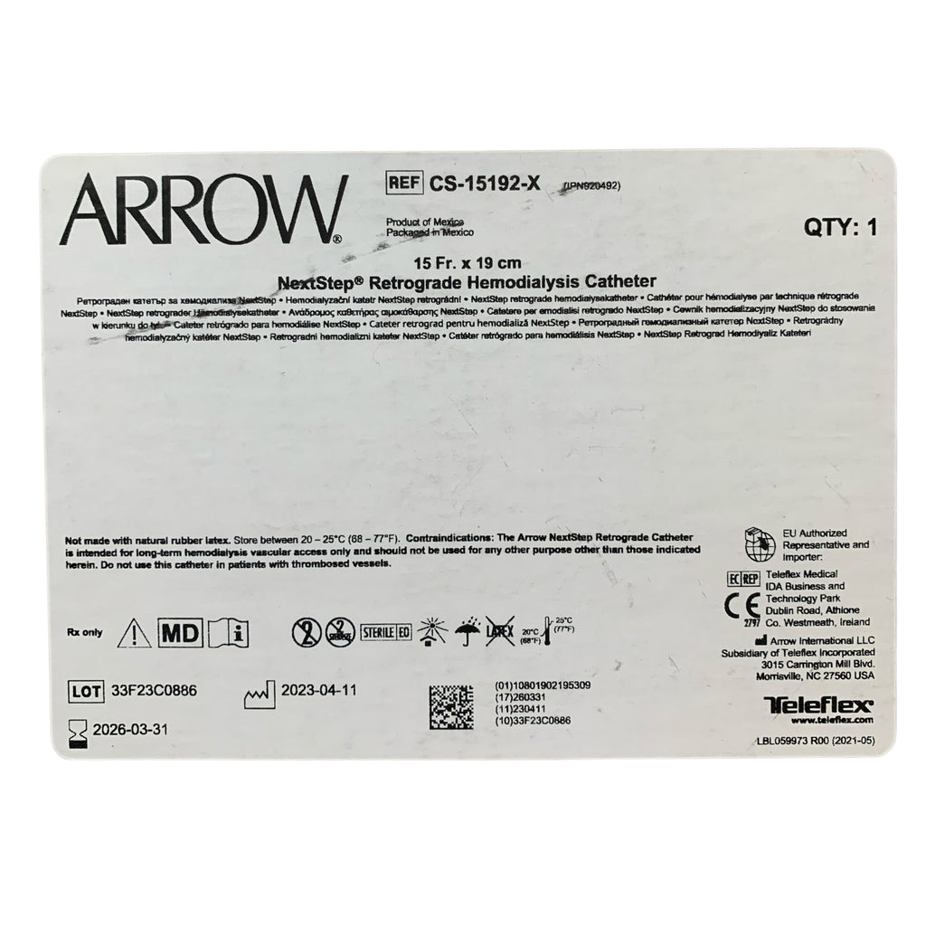 ARROW CS-15192-X NextStep Retrograde Hemodialysis Catheter 15 Fr x 19 cm EXP 2026 03
