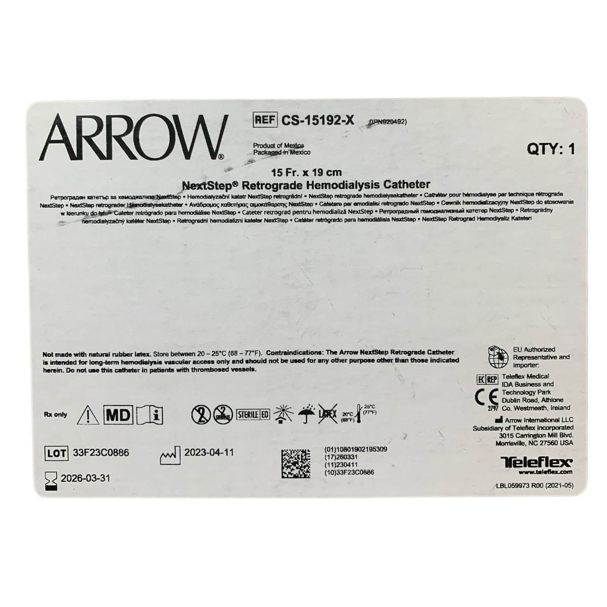 ARROW CS-15192-X NextStep Retrograde Hemodialysis Catheter 15 Fr x 19 cm EXP 2026 03