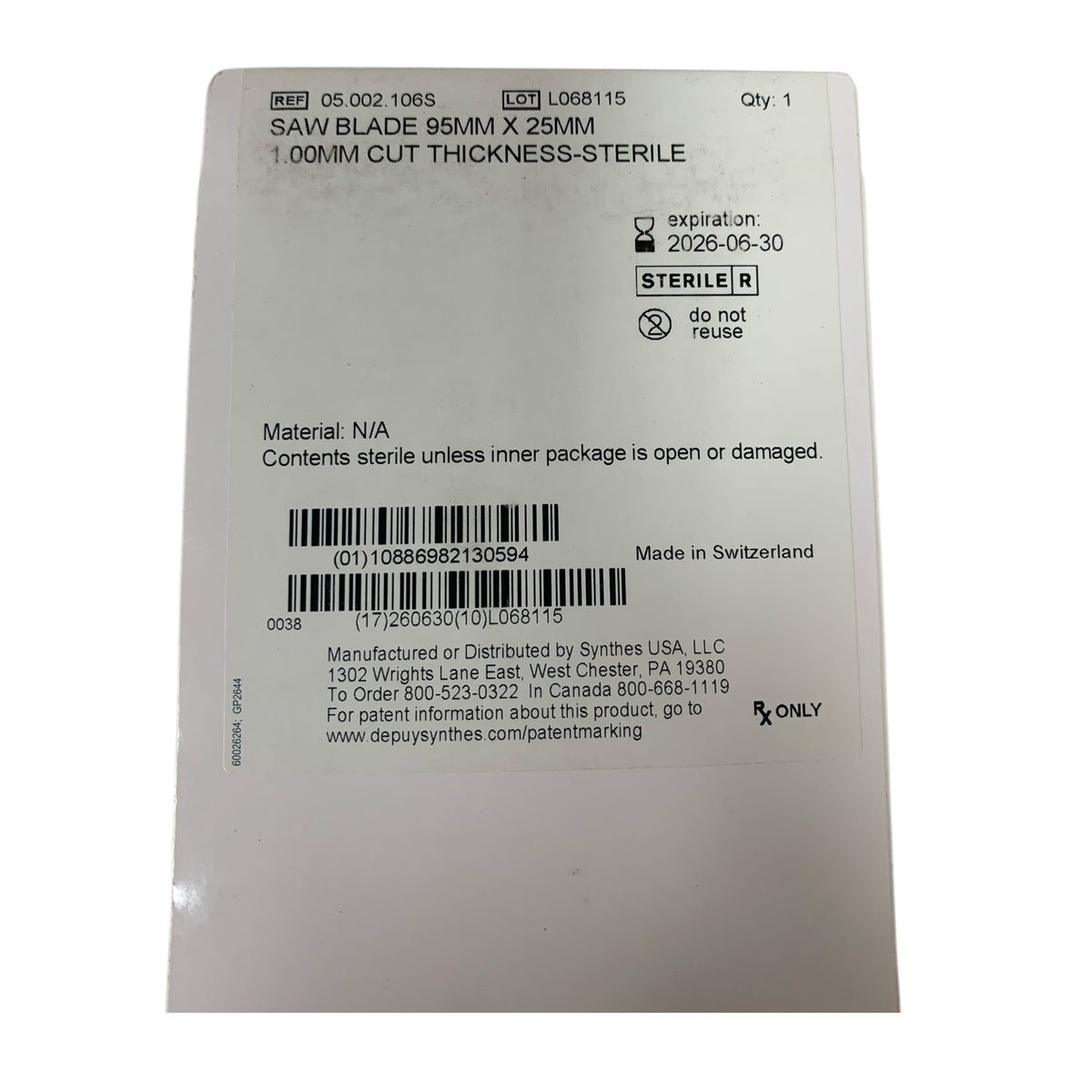 DEPUY SYNTHES 05.002.106S Saw Blade 95mm x 25mm 1.00mm Cut Thickness Sterile Exp 2026 06