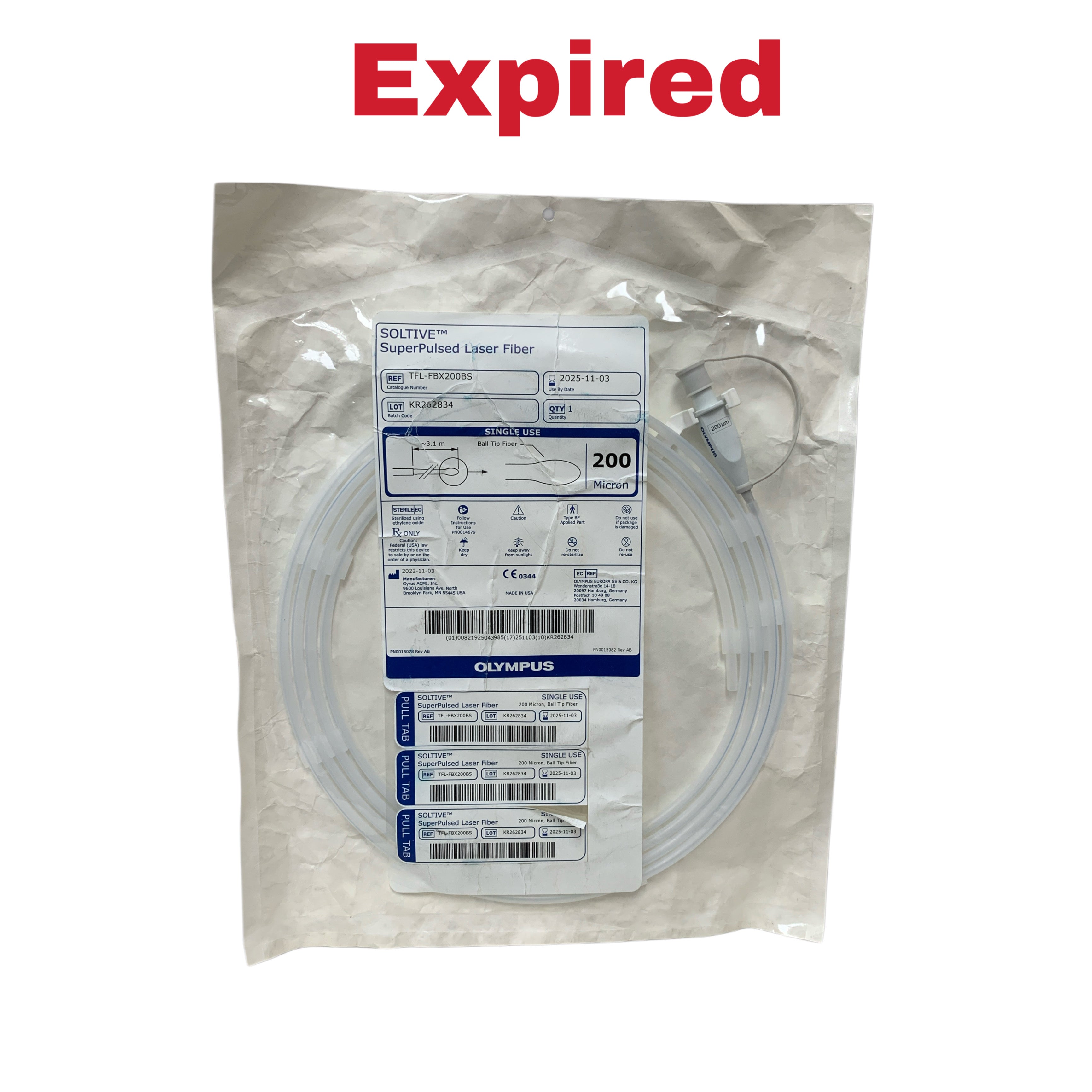 OLYMPUS REF TFL-FBX200BS SOLTIVE SuperPulsed Laser Fiber 200 Micron Ball Tip, Exp.2025/11