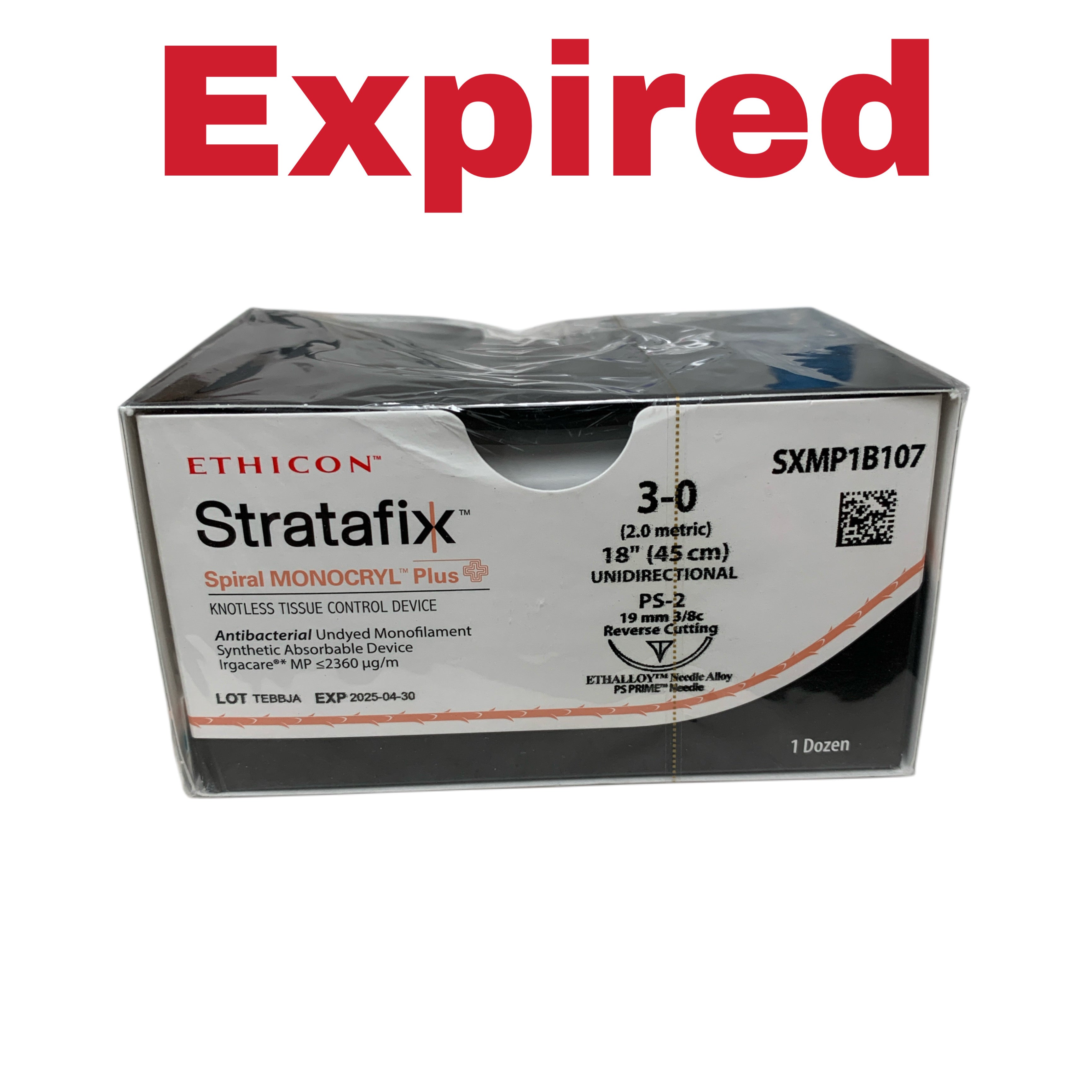 ETHICON REF SXMP1B107 Stratafix Spiral MONOCRYL Plus Knotless Tissue Control Device 3-0 PS-2 BOX OF 12, EXP.2025/04