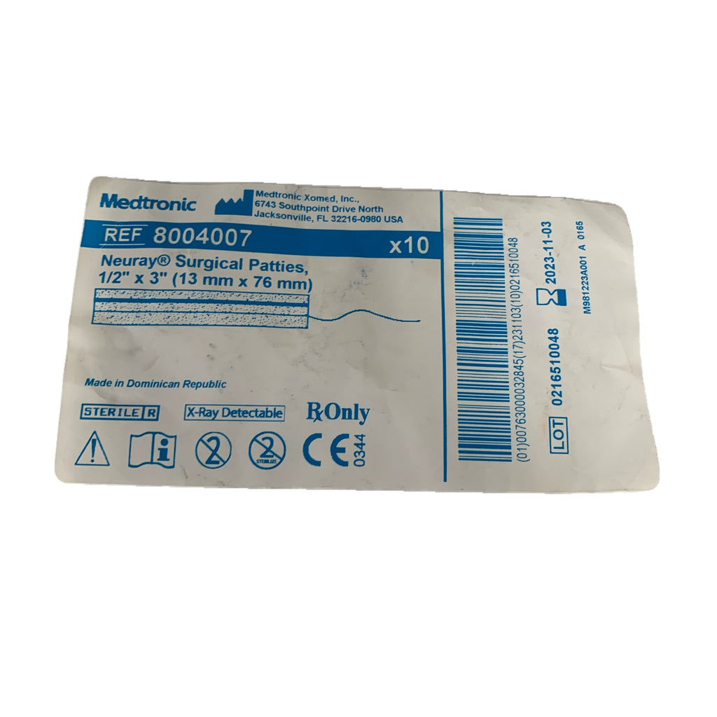 MEDTRONIC REF 8004007 Neuray Surgical Patties 1/2" x 3" (13mm x 76mm), Exp.2023/11